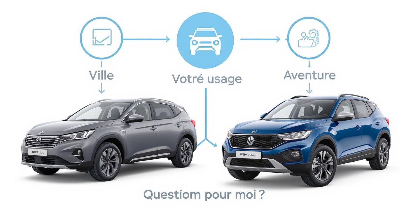Deux SUV, un gris pour la ville et un bleu pour l'aventure, illustrant le choix de véhicule selon l'usage.