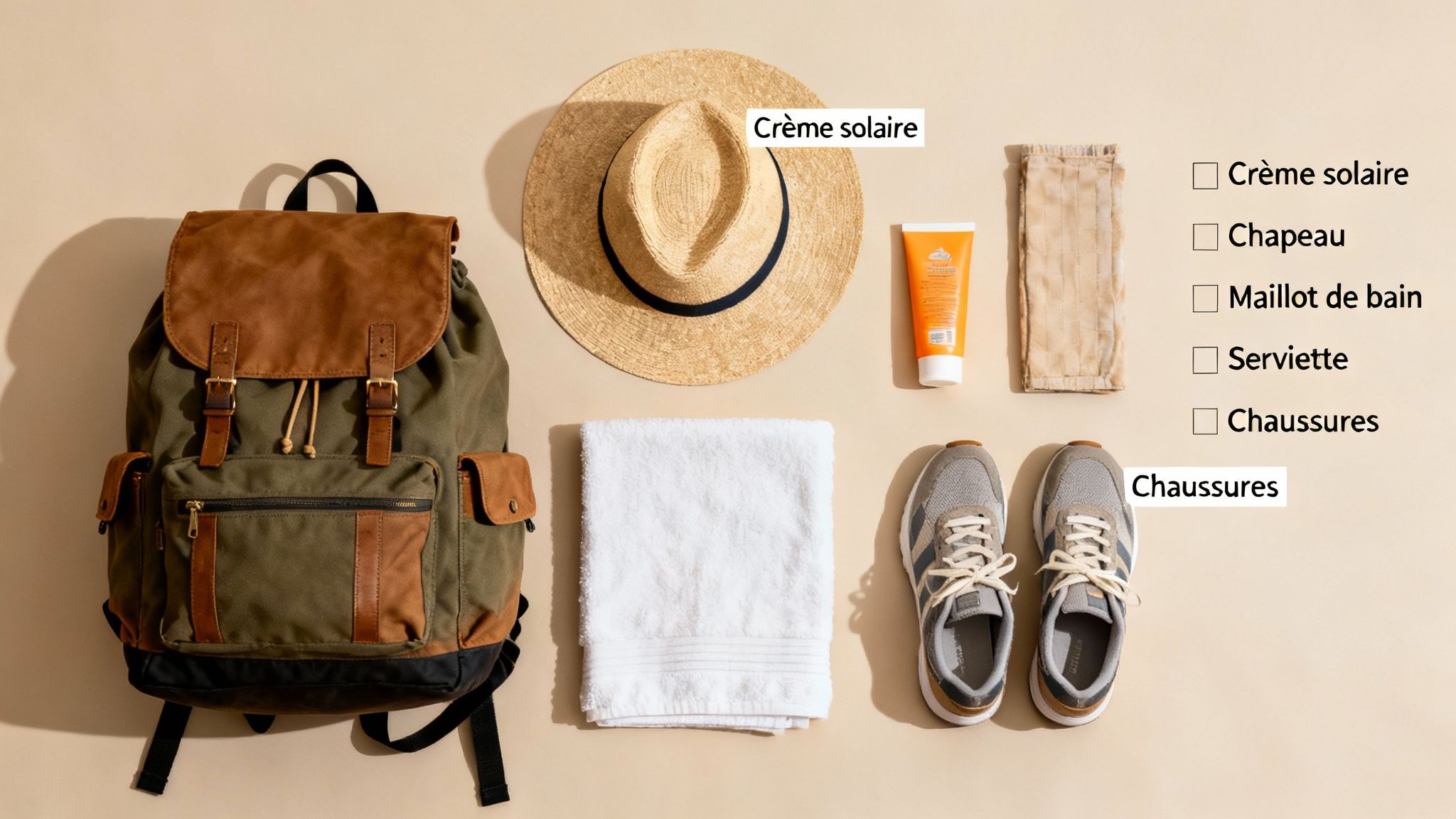 Accessoires de voyage essentiels : un sac à dos, un chapeau, de la crème solaire, des serviettes et des chaussures de sport.