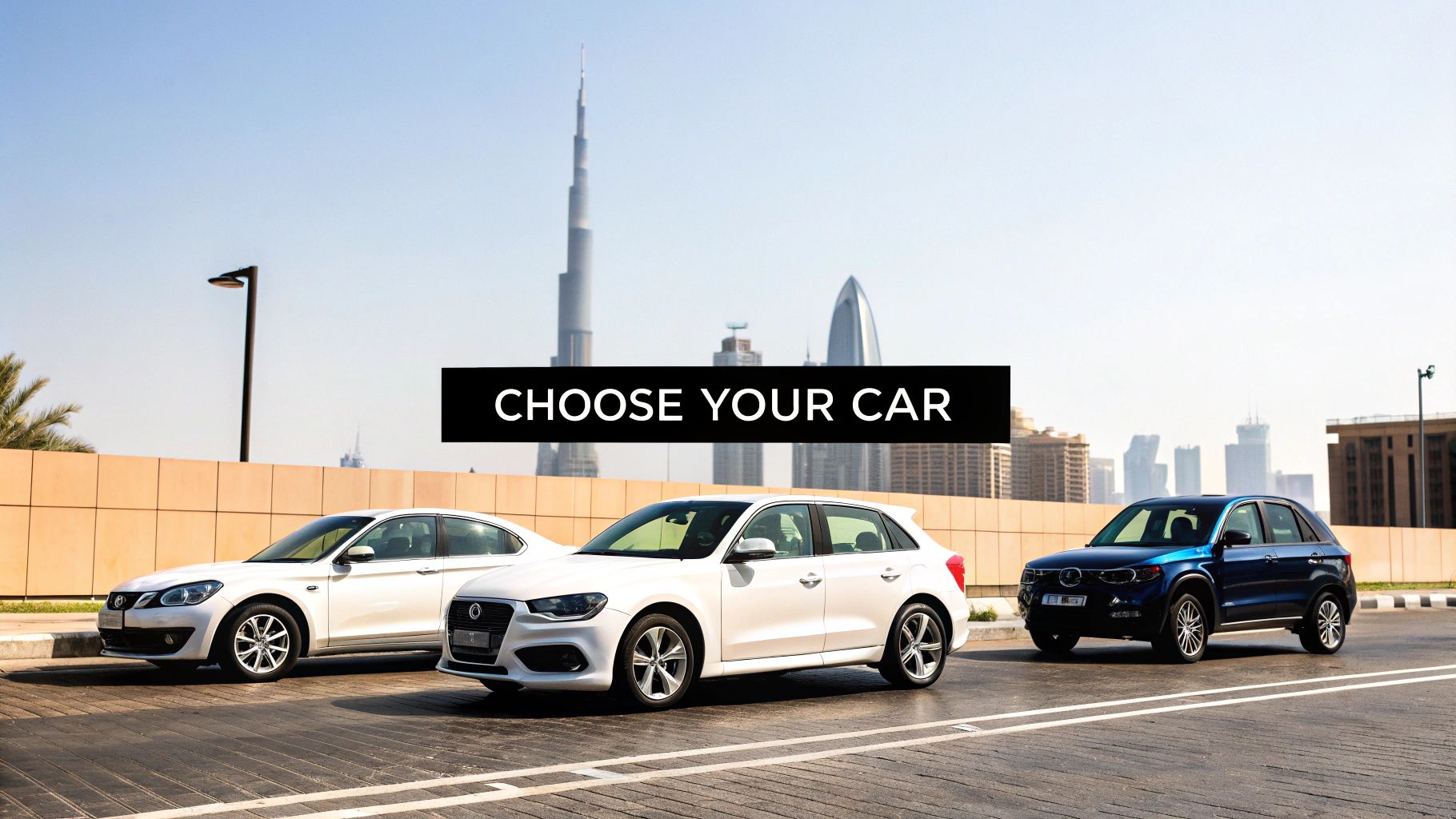 A selection of different types of cars available for long-term rental in a Dubai showroom.