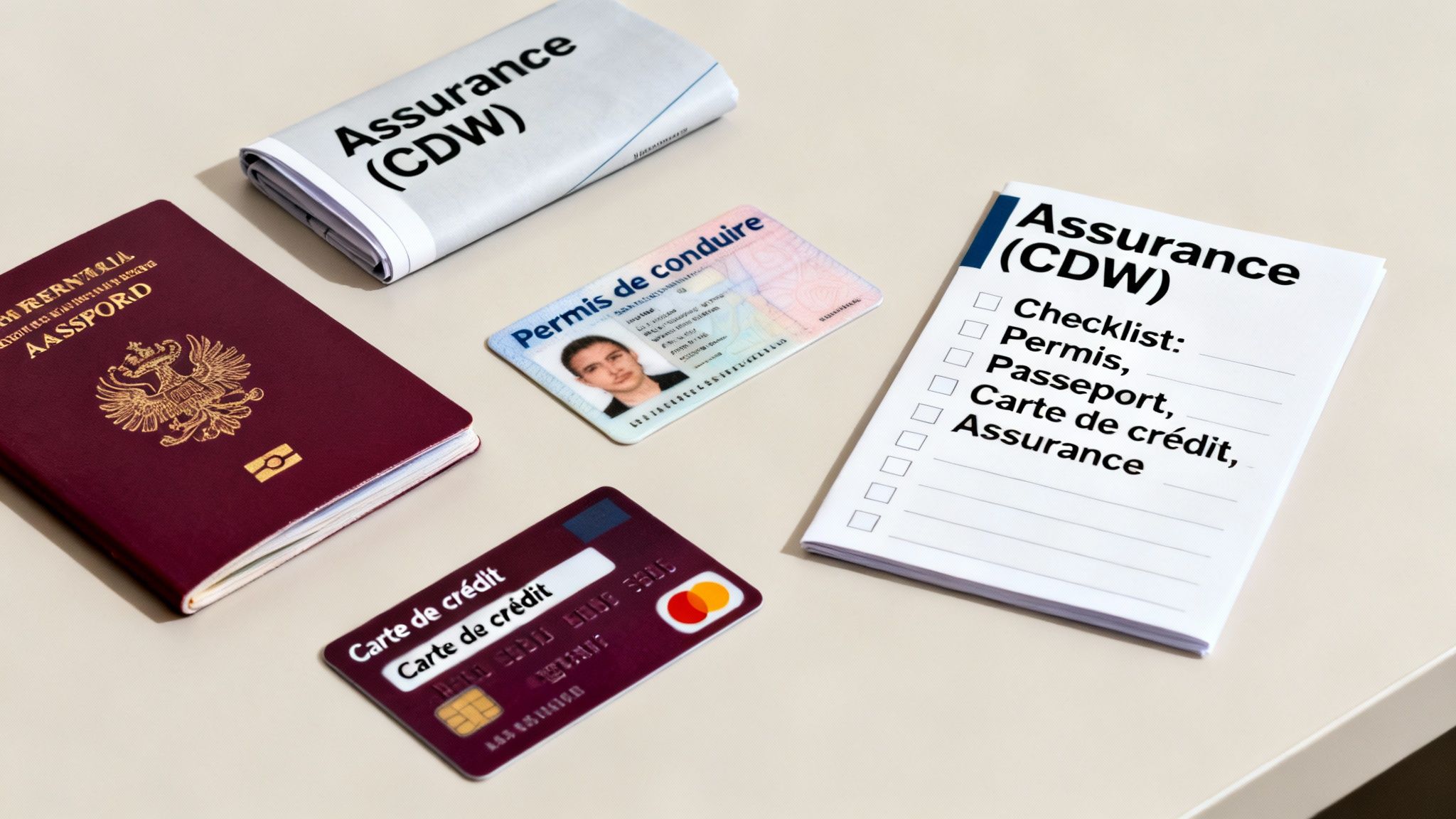 Articles essentiels pour la location de voiture ou le voyage : passeport, permis, carte de crédit et assurance CDW.