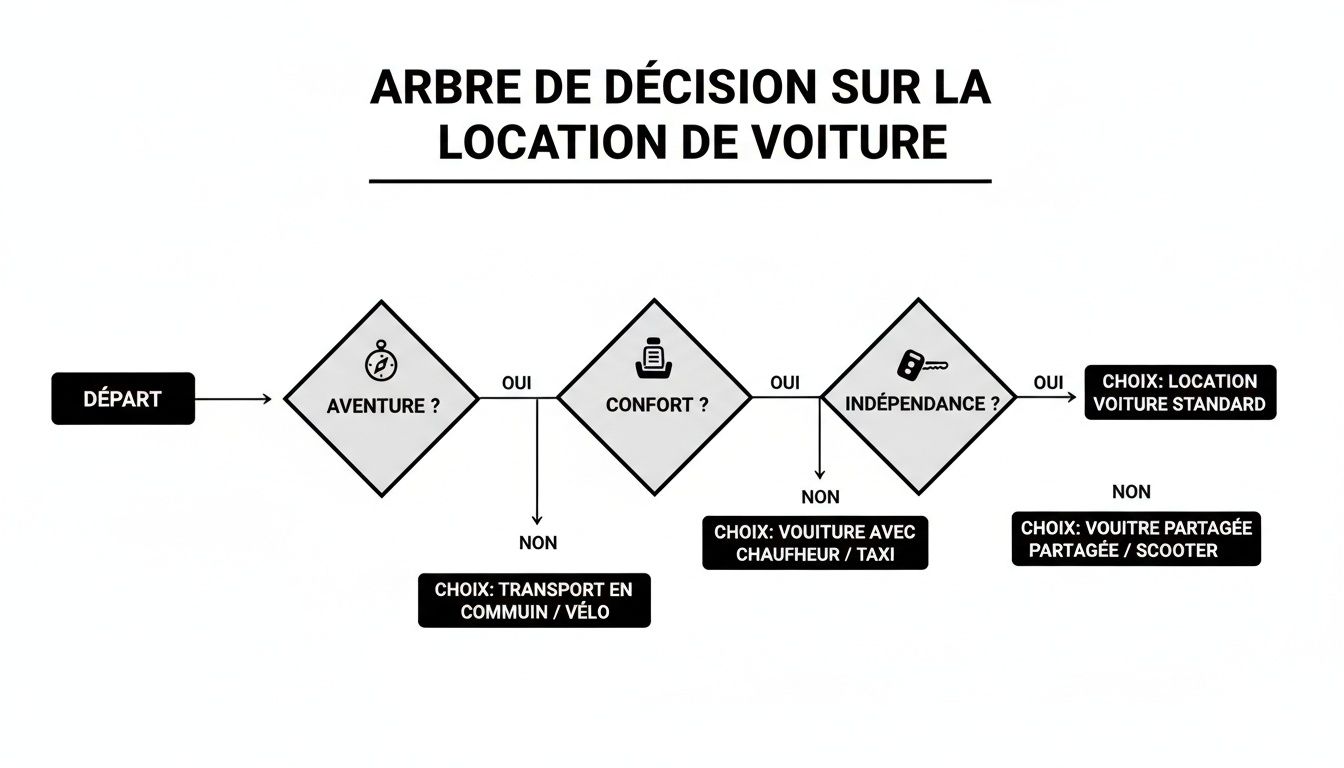 Un arbre de décision sur la location de voiture, guidant les choix basés sur l'aventure, le confort et l'indépendance.