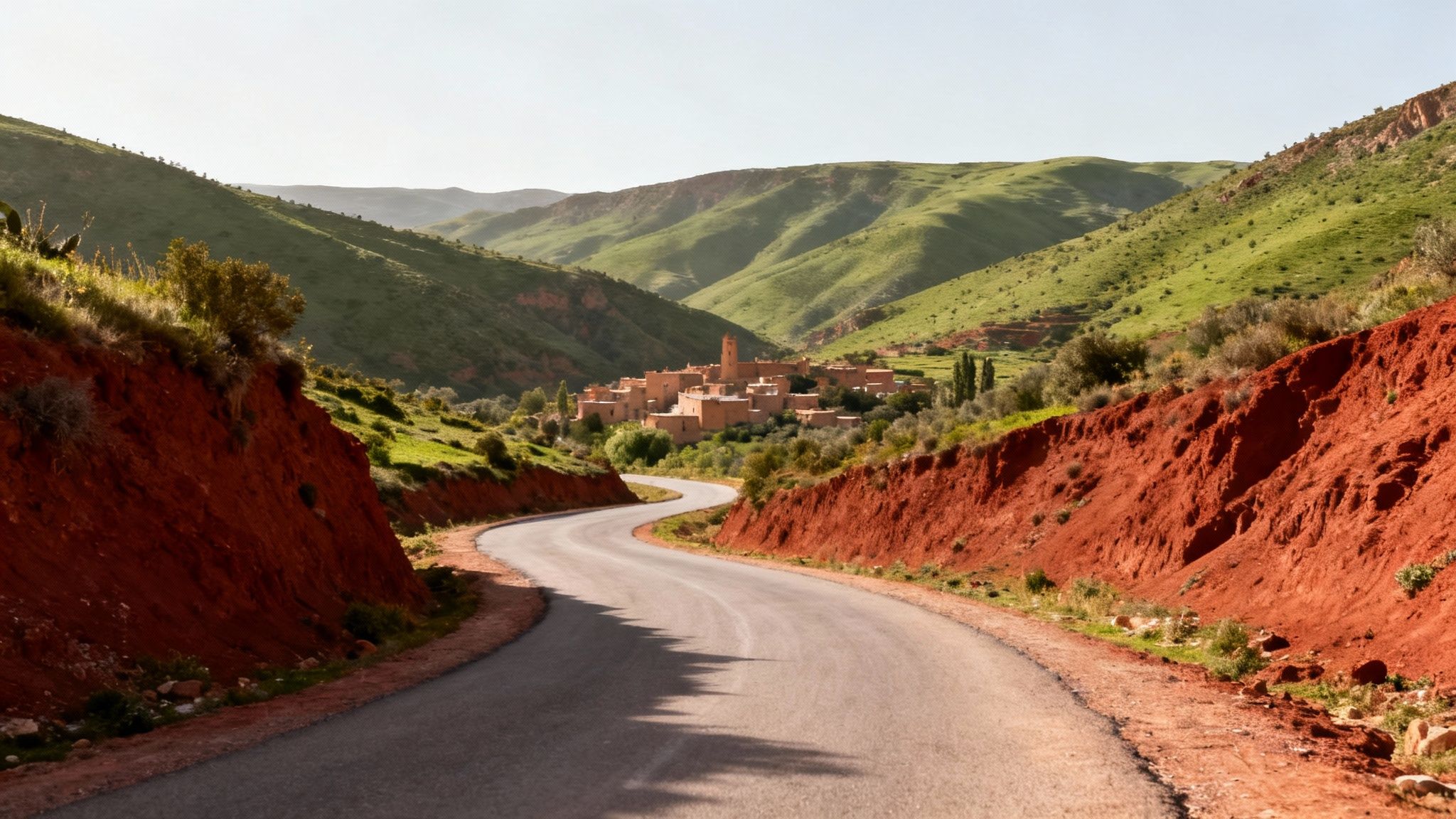 Une route sinueuse traversant un paysage marocain aride avec des montagnes en arrière-plan.