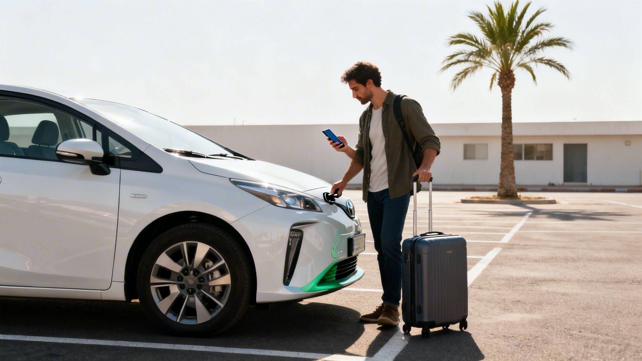 Un homme branche une voiture hybride blanche dans un parking ensoleillé, regardant son téléphone, avec une valise à ses côtés.