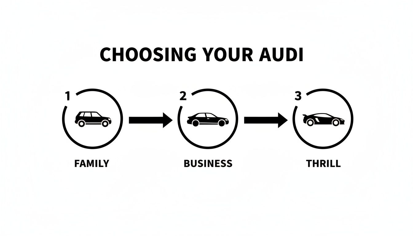 Audi Rent Dubai Your Ultimate Guide to Luxury Car Rentals 2 A diagram illustrating the progression of choosing an Audi: starting with a family SUV, then a business sedan, and finally a thrill sports car.