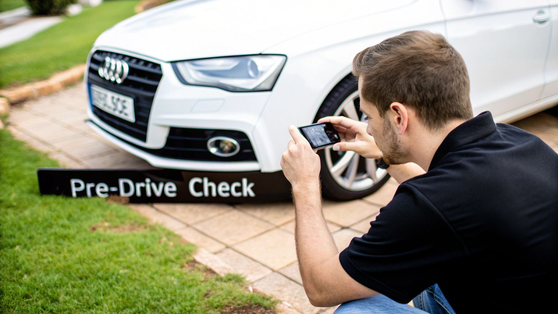 A man takes a smartphone photo of a white Audi car during a pre-drive check.