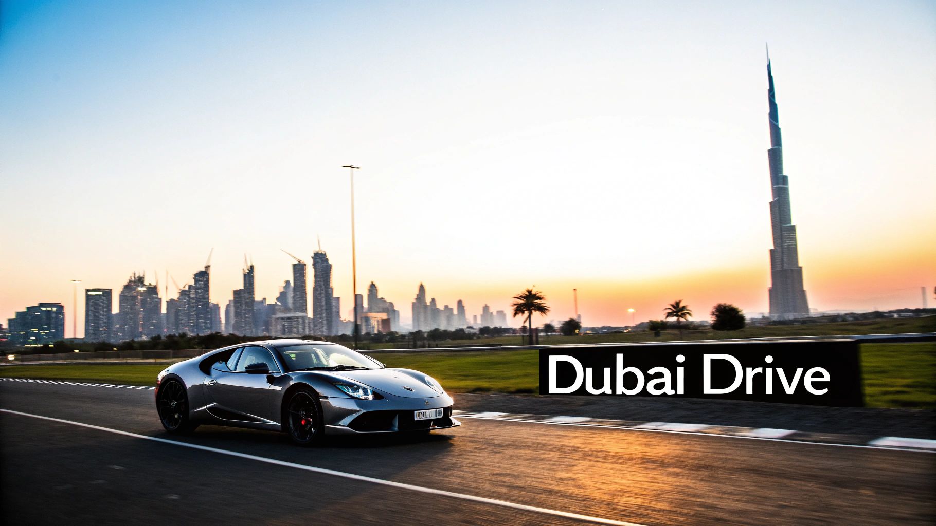 Your Ultimate Guide to Exotic Car Rental in Dubai 1 A silver exotic sports car drives on a road with Dubai's iconic skyline and Burj Khalifa at sunset.