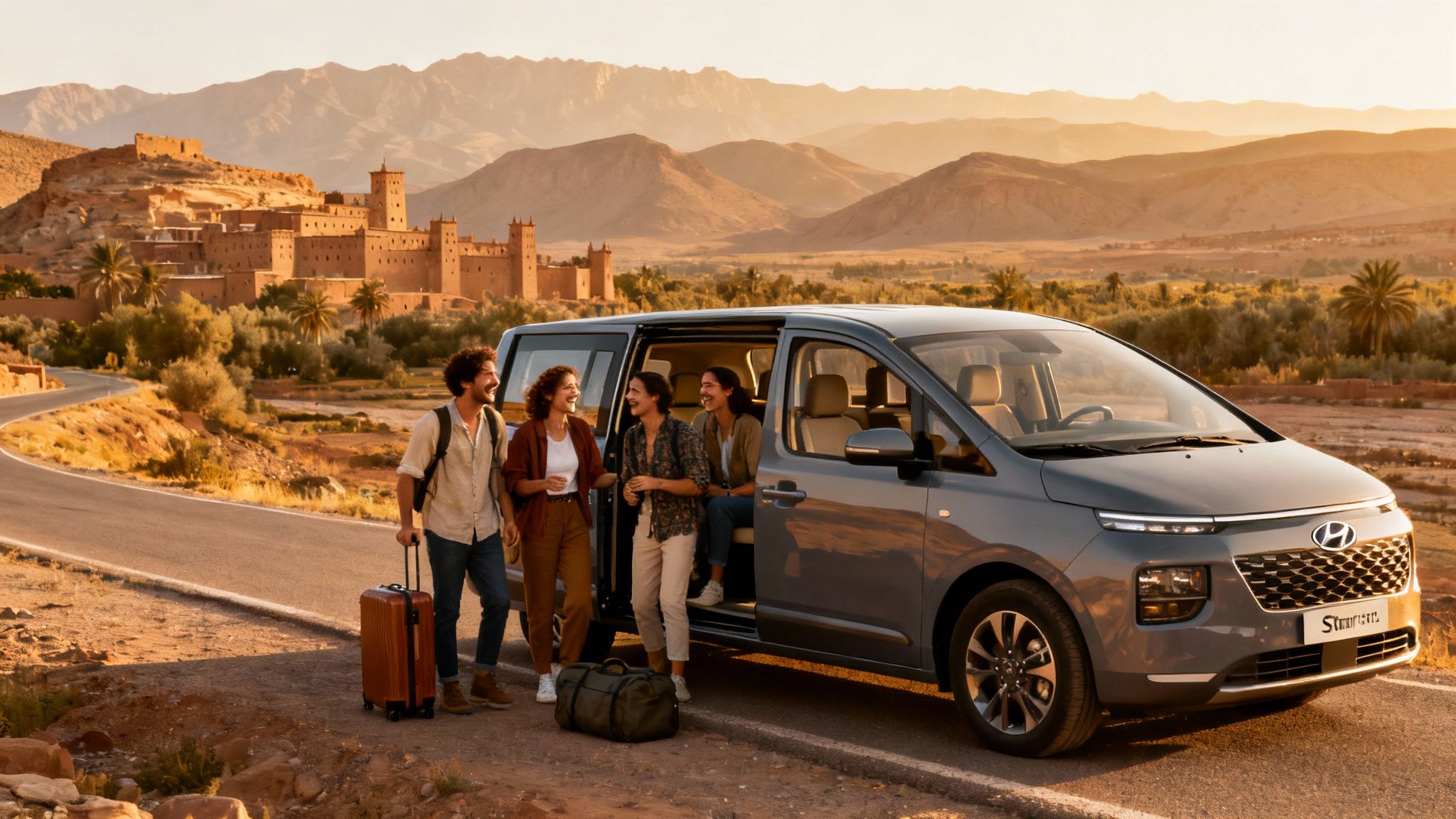Quatre amis souriants près d'un Hyundai Staria gris, avec un village fortifié et des montagnes en arrière-plan au Maroc.