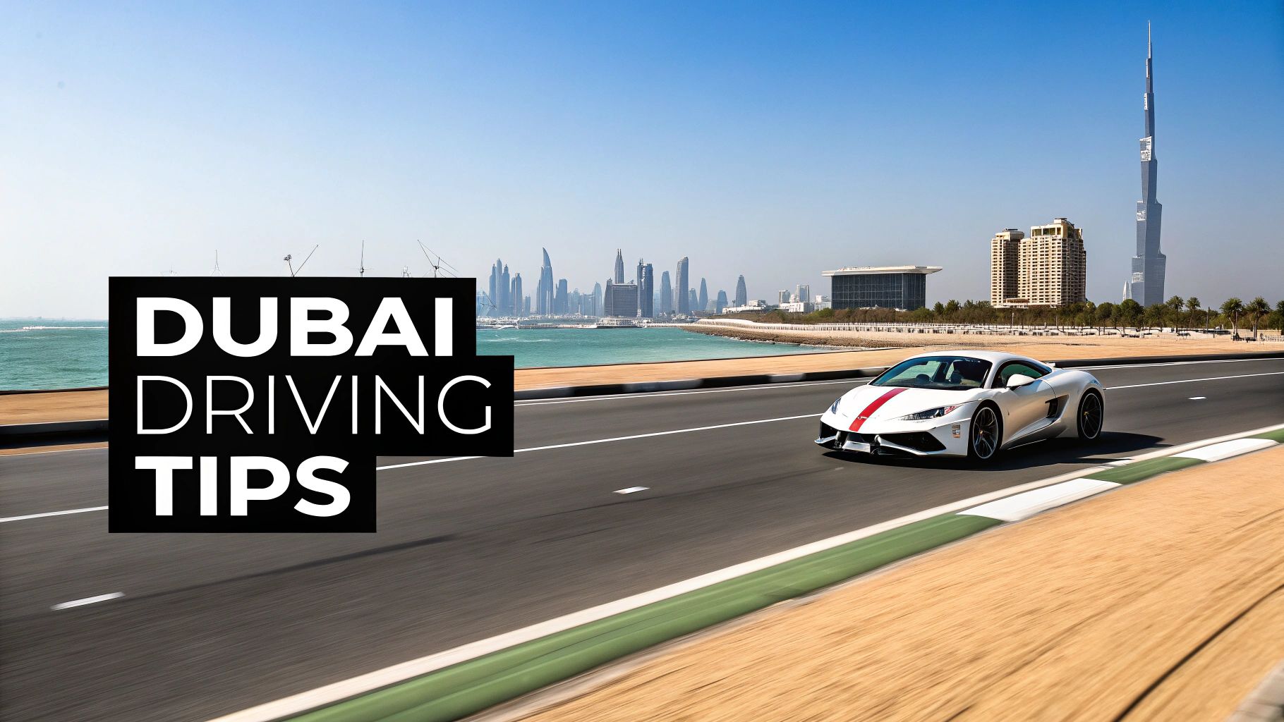 A white sports car drives on a road in Dubai with the city skyline and Burj Khalifa, promoting 'Dubai Driving Tips'.