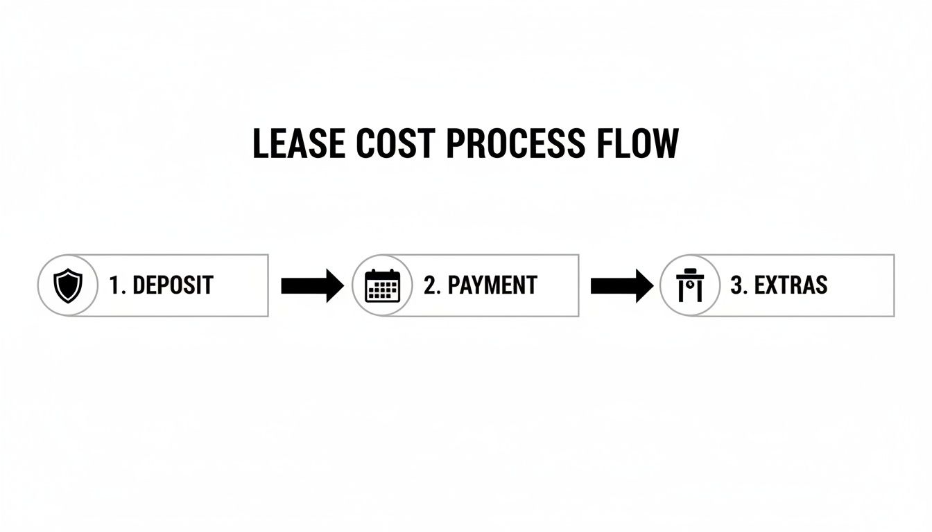 A clear flow chart illustrating the lease cost process, featuring deposit, payment, and extras steps.