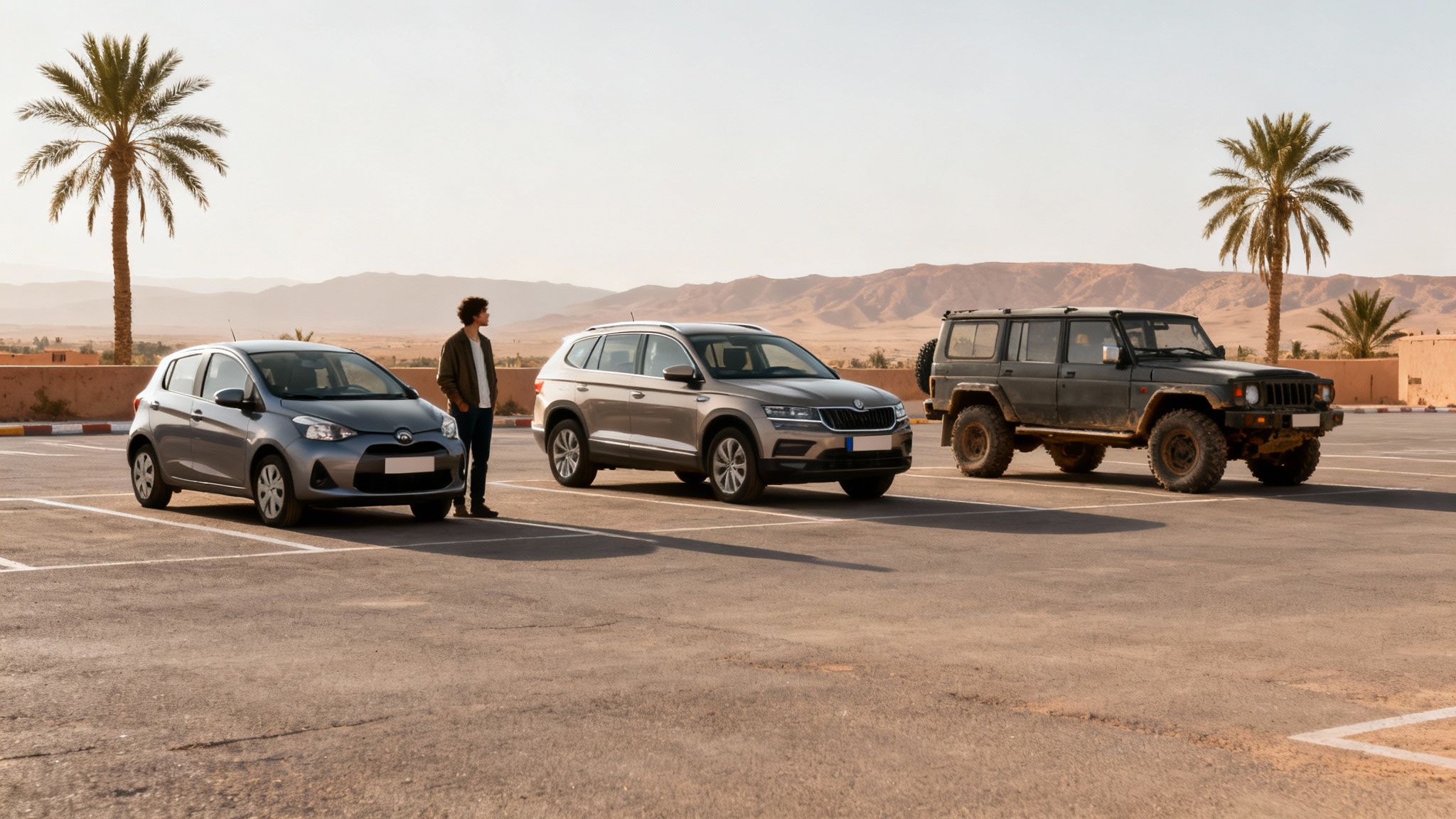 Un homme se tient entre deux voitures sur un parking désertique, avec un 4x4 et des palmiers en arrière-plan.