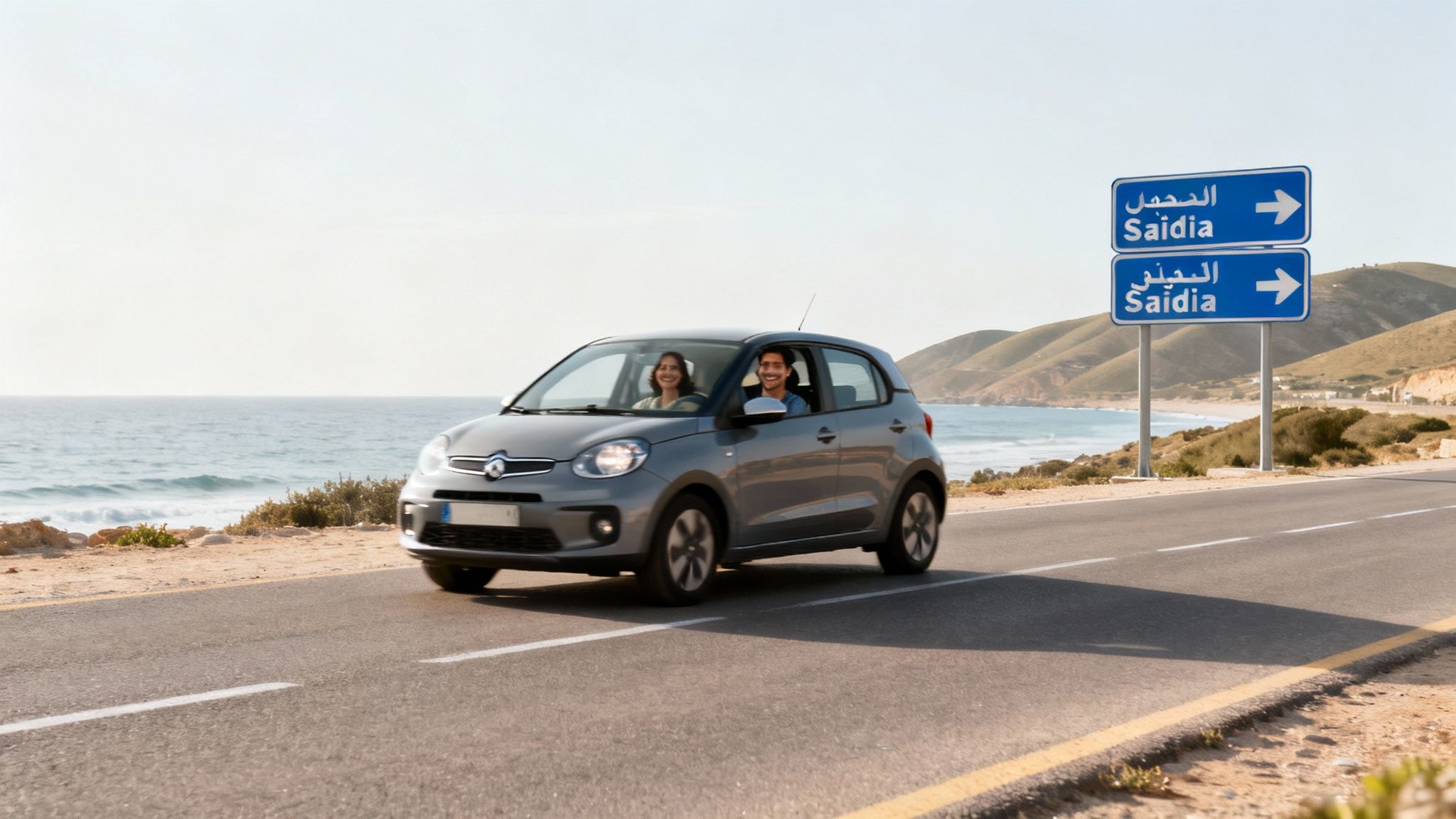 Une voiture de location conduisant sur une route pittoresque près d'Oujda, avec des collines verdoyantes en arrière-plan.