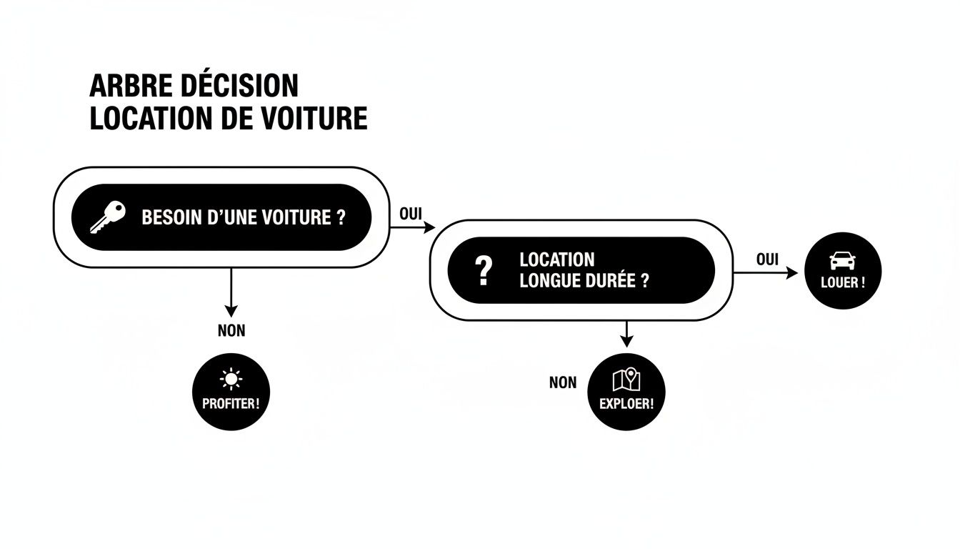 Tanger: tanger location de voiture - Guide complet pour réserver et rouler 1 Arbre de décision pour la location de voiture, guidant l'utilisateur sur le besoin et la durée de la location.