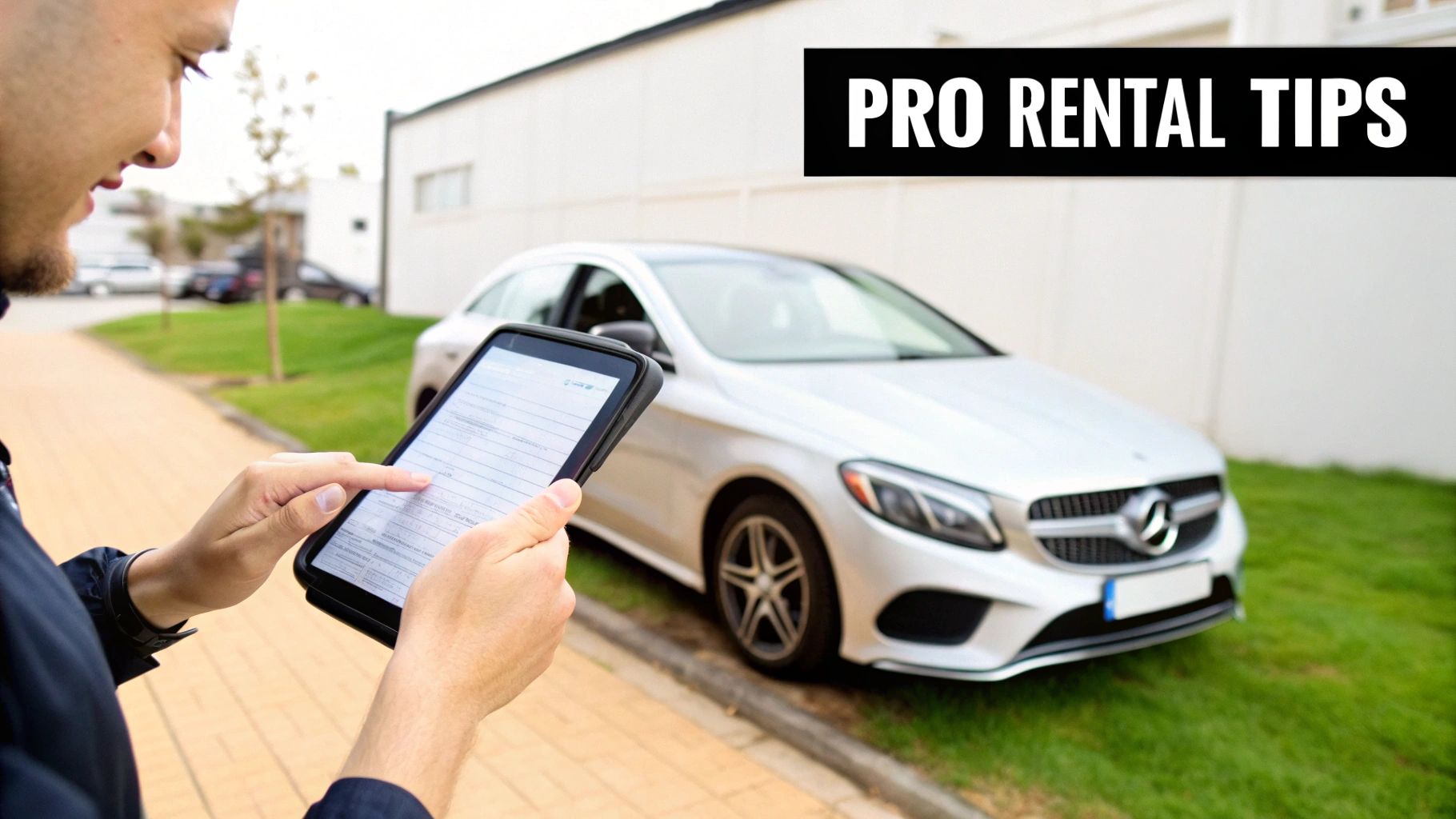 Person inspecting a luxury Mercedes-Benz before rental.