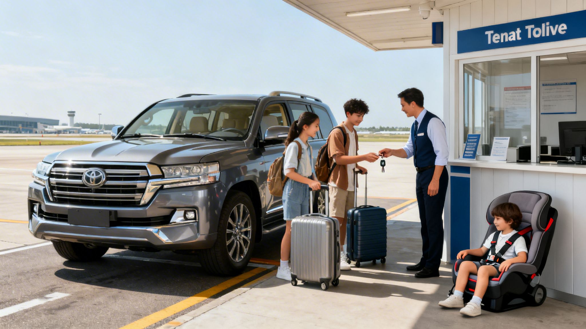 Une famille reçoit les clés d'un SUV gris auprès d'un agent de location à l'aéroport, prête pour son voyage.