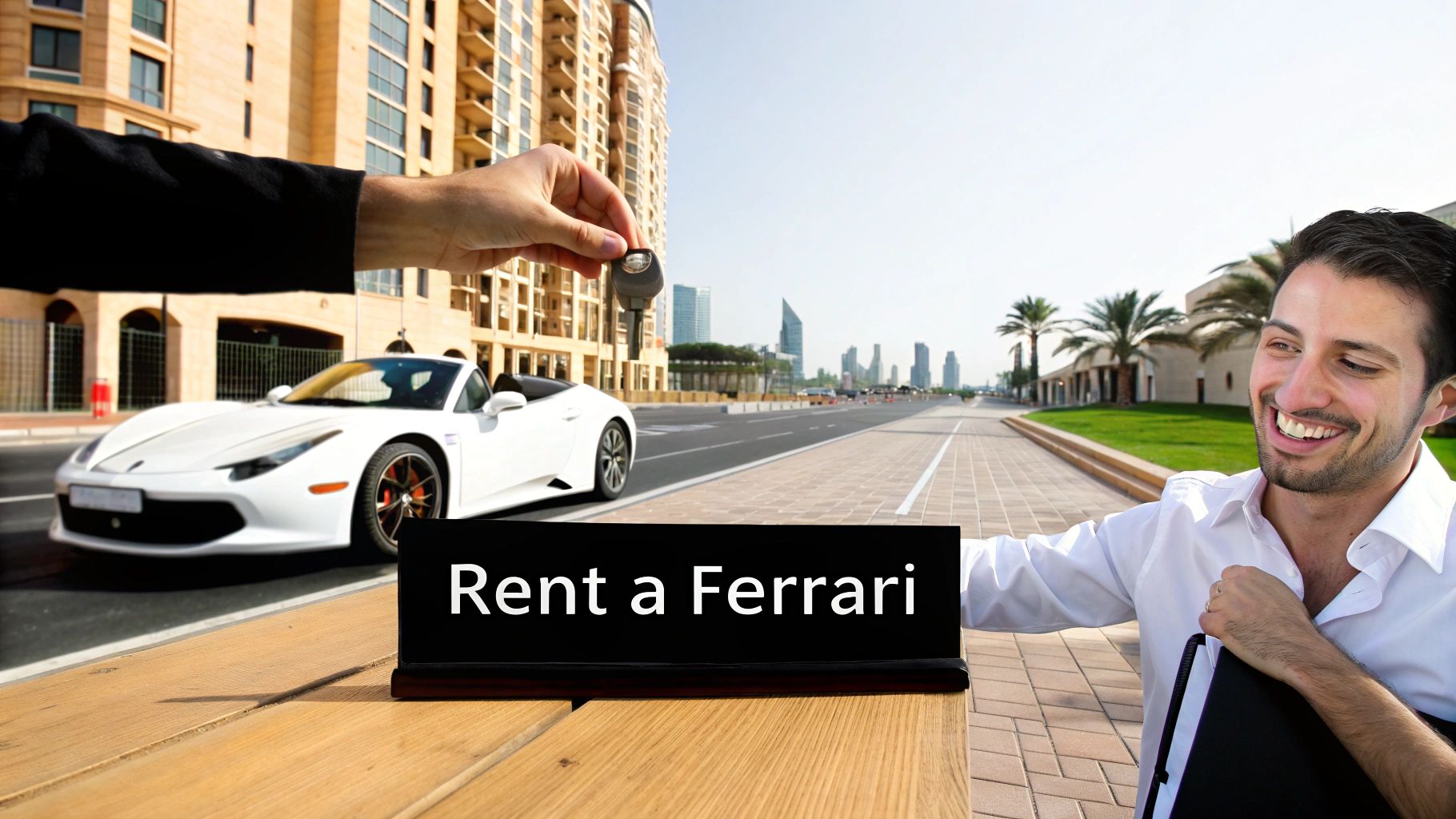 A man hands over car keys for a white Ferrari convertible to a smiling man with a 'Rent a Ferrari' sign.