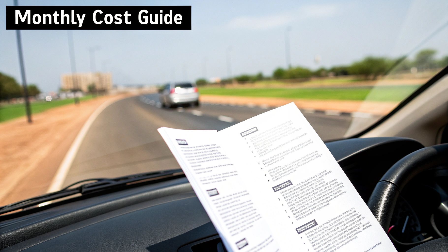 A driver in a car holds a 'Monthly Cost Guide' document with a blurred road view outside.