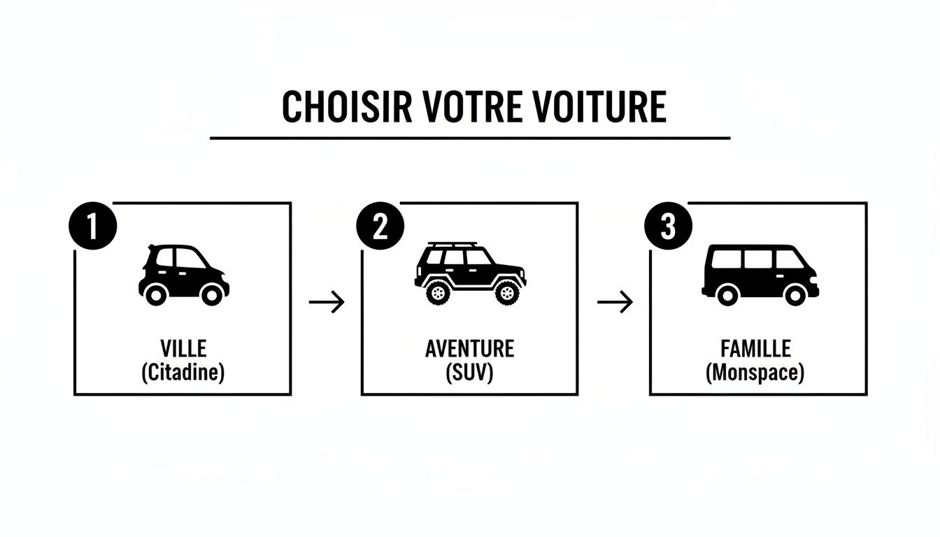 Diagramme montrant les étapes pour choisir une voiture : citadine, SUV ou monospace, classées 1, 2 et 3.