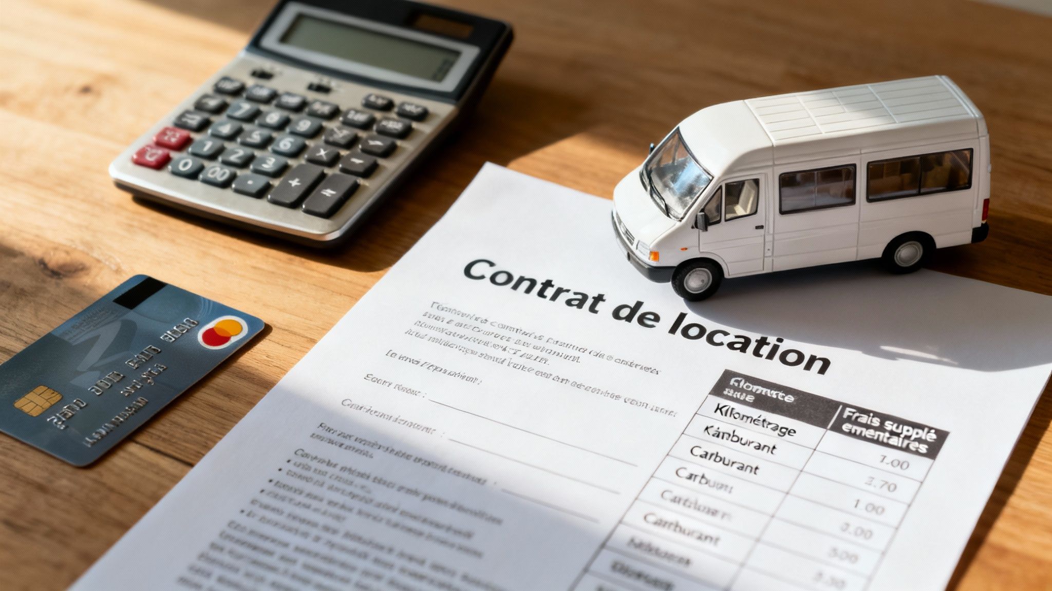 Location minibus 15 places (location minibus 15 places): Louez malin au Maroc 3 Contrat de location de minibus, calculatrice et carte bancaire sur une table en bois clair, symbolisant les coûts de location.