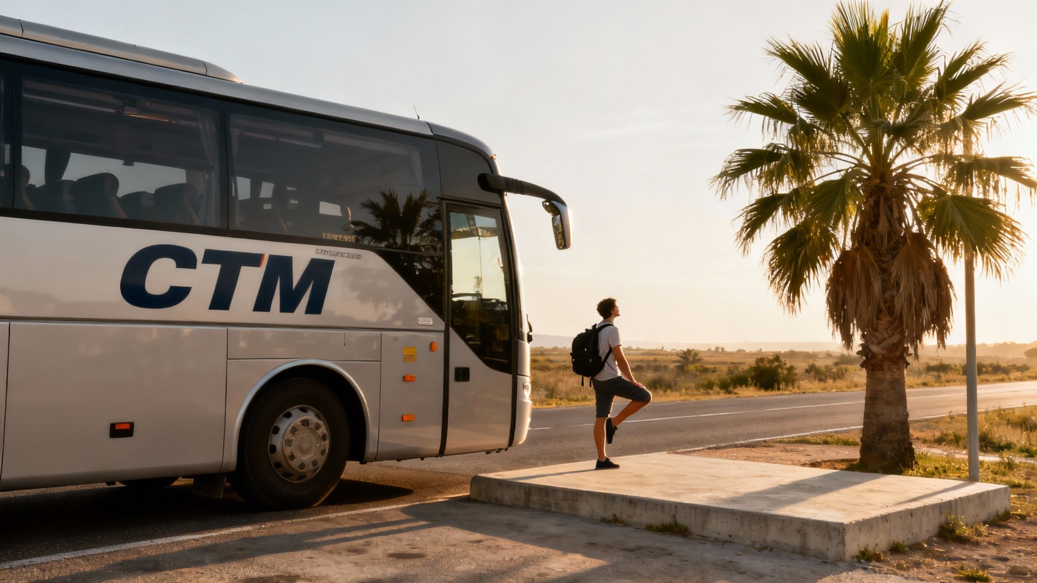 Un homme attend près d'un bus CTM, sur une route désertique au coucher du soleil.