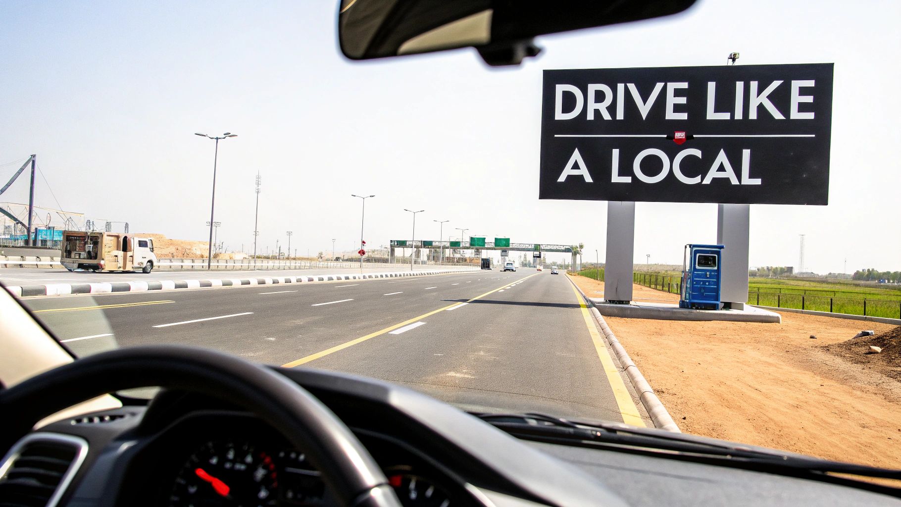 Rent a Car Dubai International City: rent a car dubai international city Tips 3 View from a car's dashboard looking at a highway with a large 'DRIVE LIKE A LOCAL' billboard.