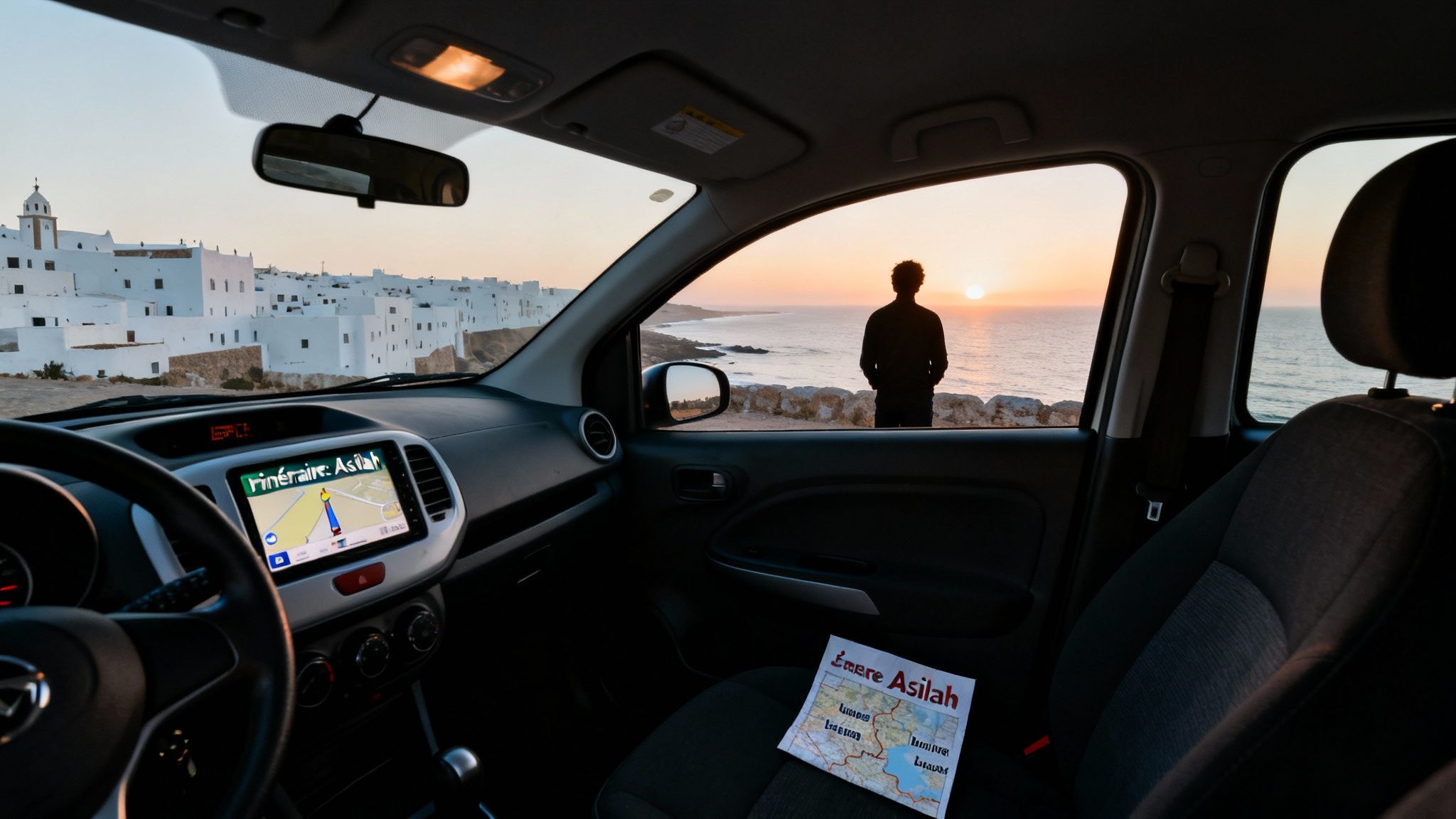 Intérieur de voiture avec vue sur un village blanc, le coucher de soleil sur l'océan et une carte d'Asilah.