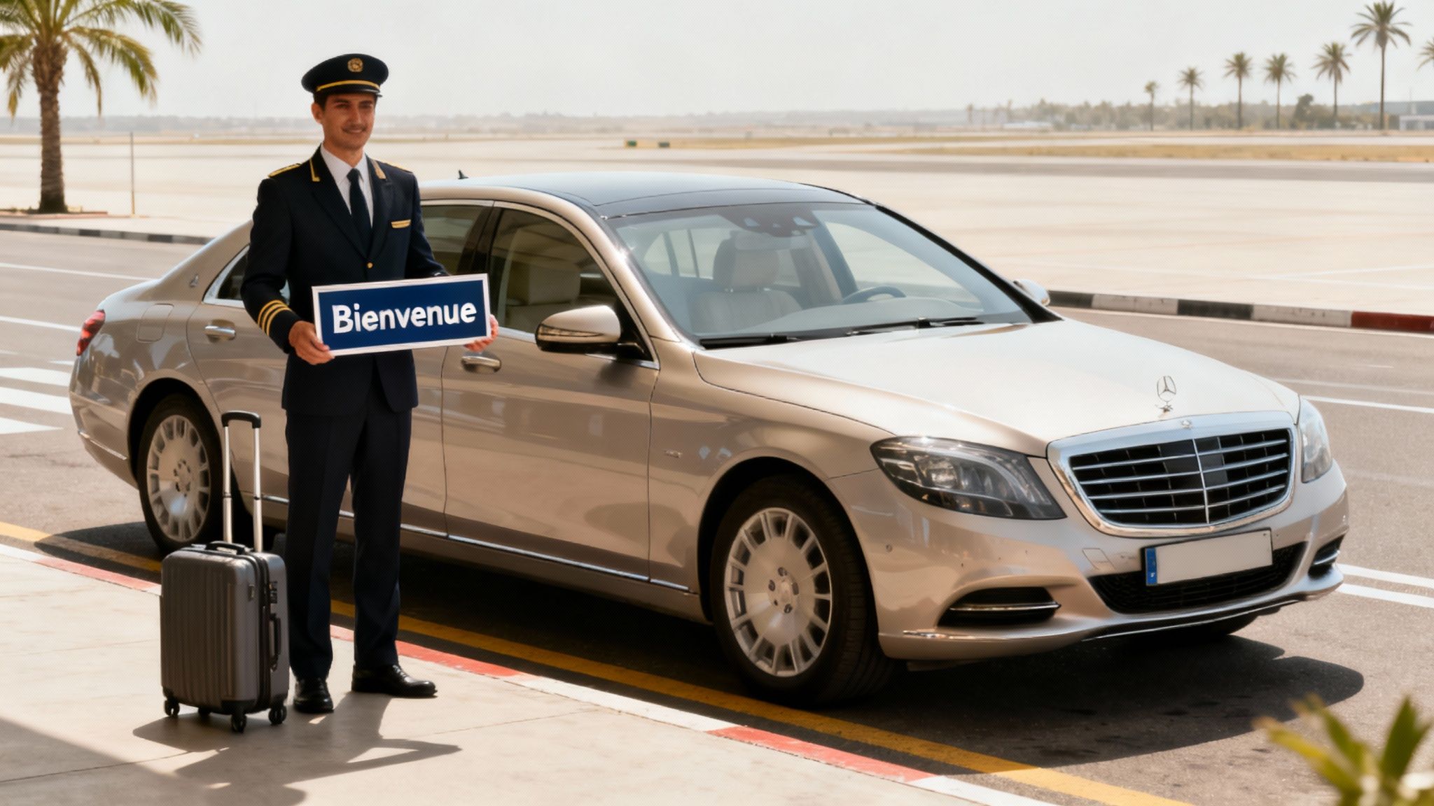 Un chauffeur souriant en uniforme, tenant une pancarte « Bienvenue », se tient près d'une Mercedes de luxe et d'une valise à l'aéroport, prêt pour un transfert.