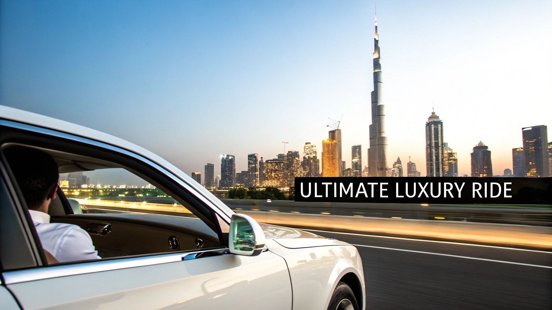 Luxury white car driving on Dubai highway with Burj Khalifa skyline at sunset