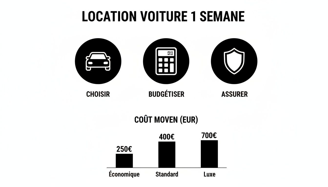 Infographie montrant les étapes (choisir, budgétiser, assurer) et les coûts moyens d'une location de voiture d'une semaine.
