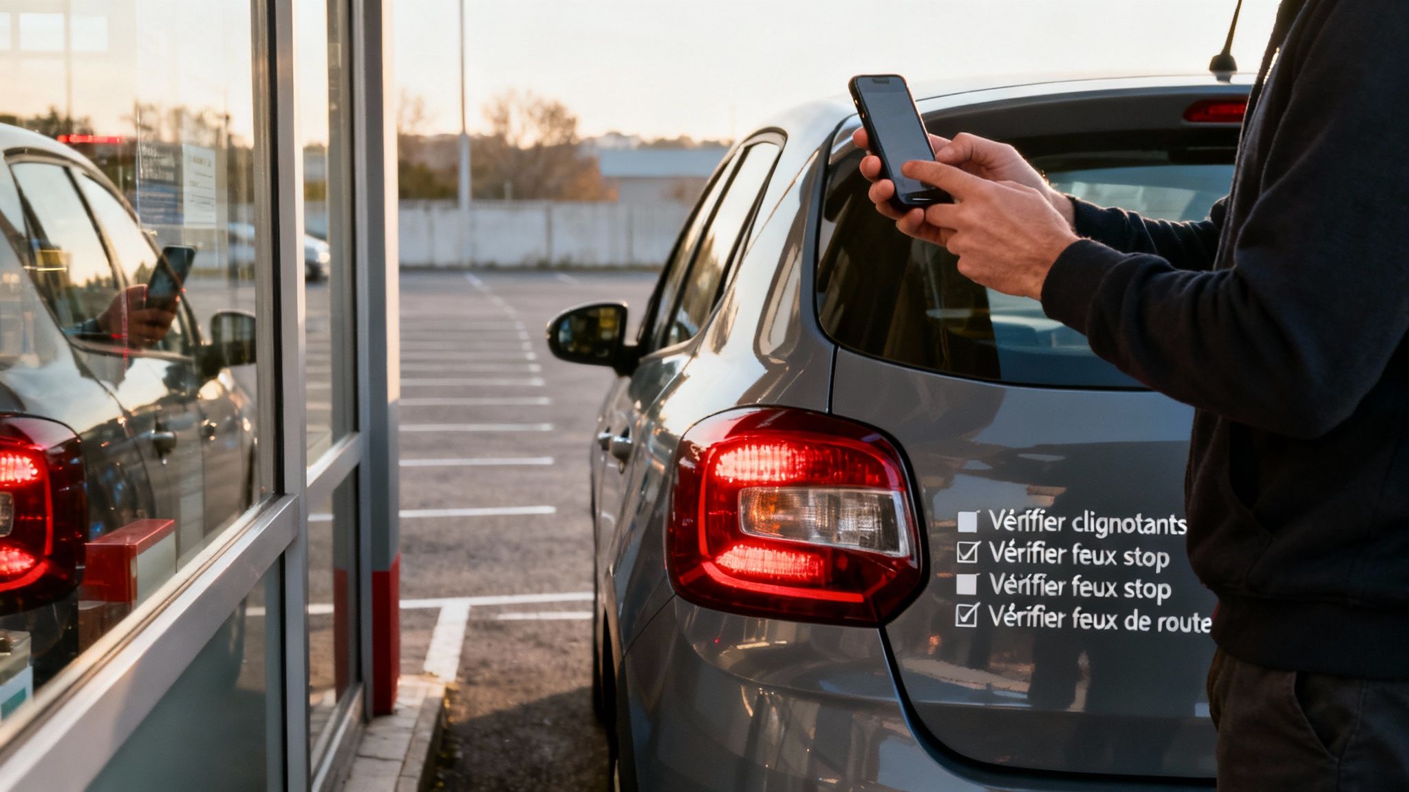 Une personne utilise un smartphone pour vérifier les feux arrière d'une voiture grise, avec une liste de contrôle visible pour les lumières.
