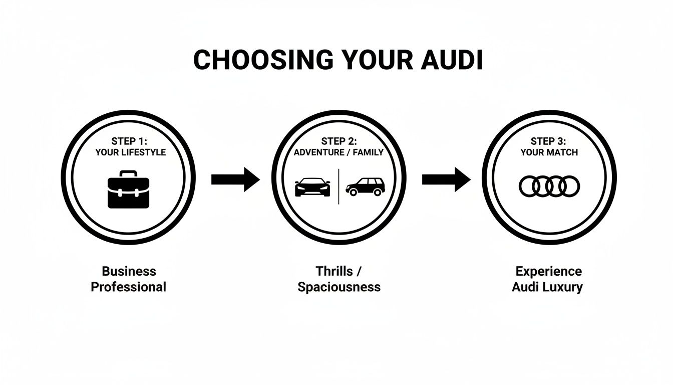 A three-step guide for choosing your Audi, focusing on lifestyle, adventure, and luxury experience.