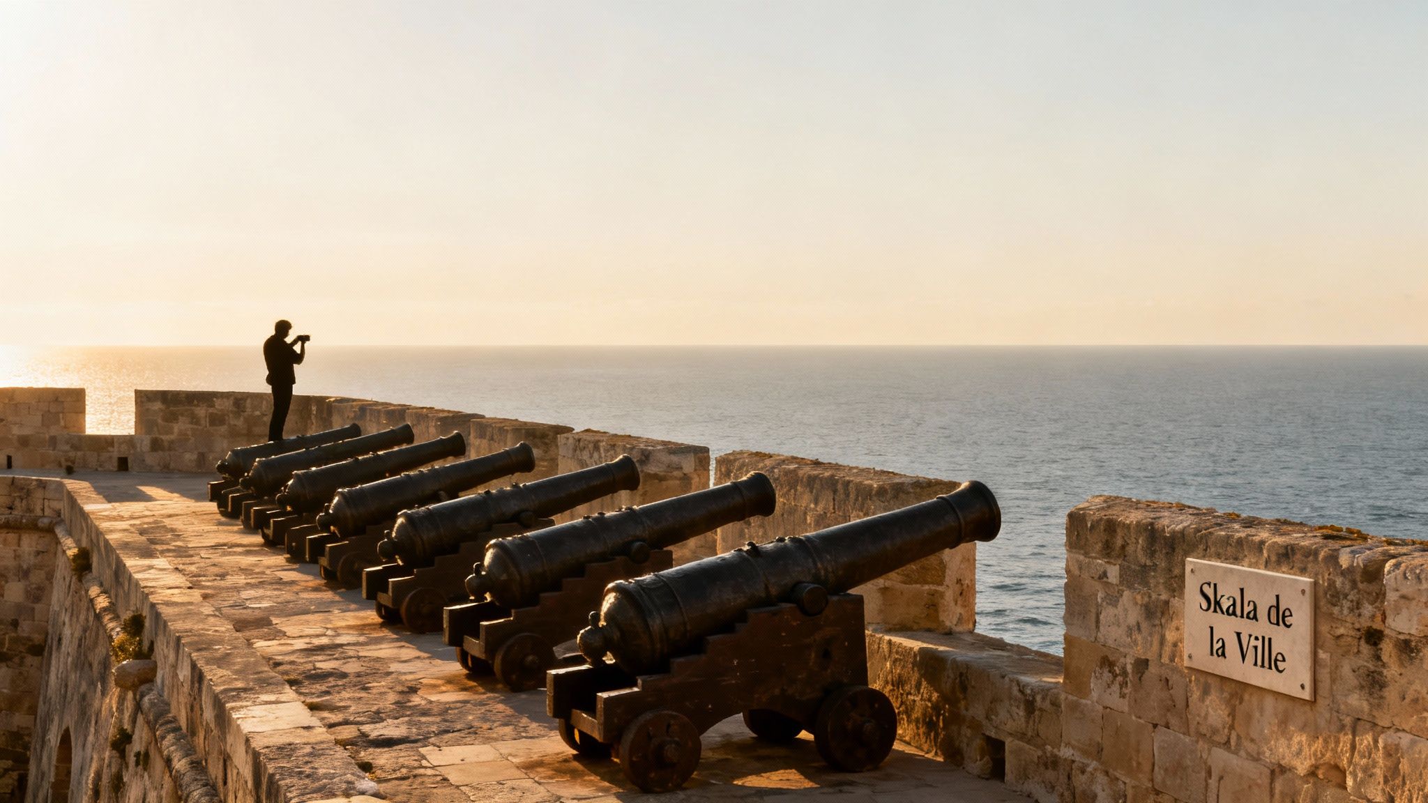 Un photographe sur une muraille historique avec des canons, face à la mer au coucher du soleil.