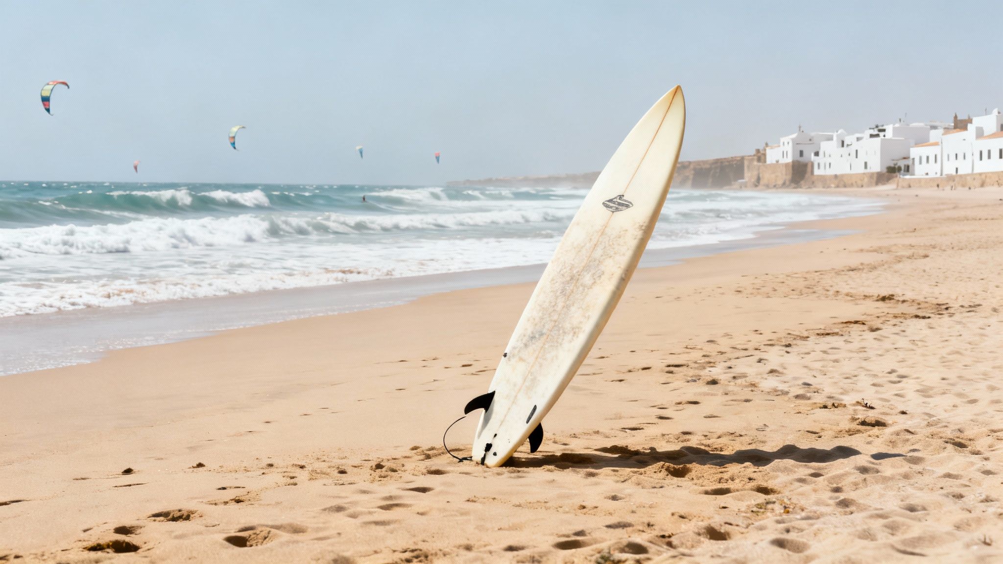 Vue aérienne d'une plage marocaine bondée en été, avec des parasols colorés et des gens profitant du soleil.