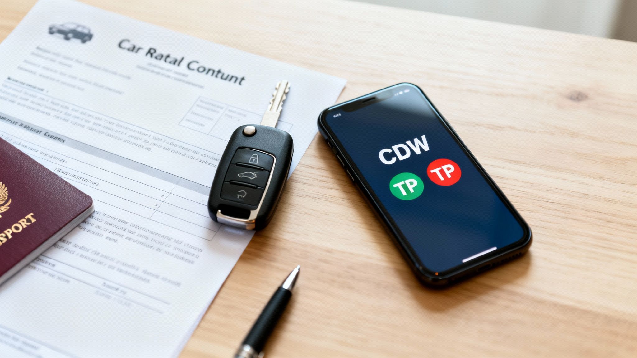 Documents de location de voiture, clé, passeport et smartphone affichant les options d'assurance CDW et TP.