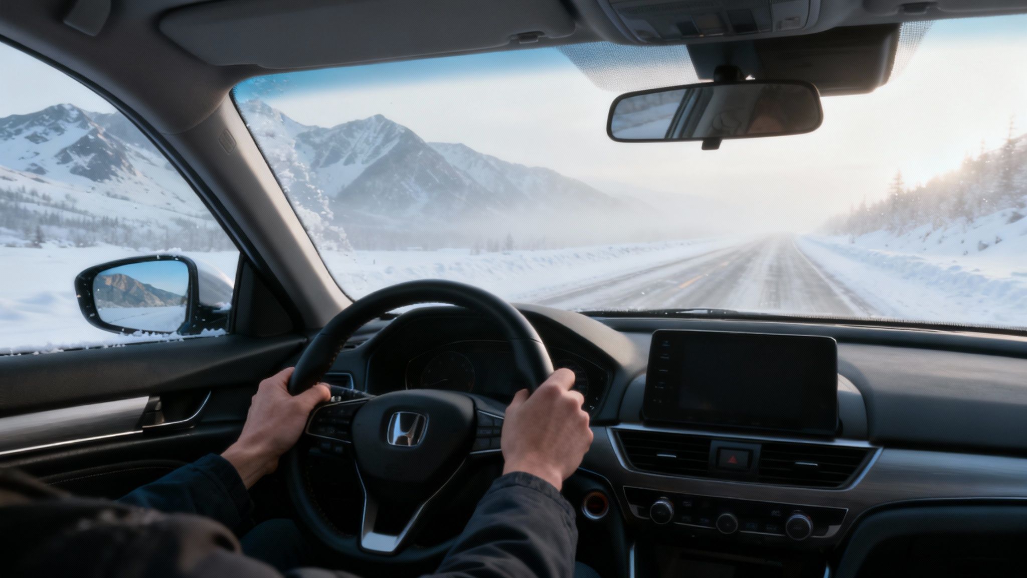 Voiture conduisant prudemment sur une route de montagne enneigée au Maroc