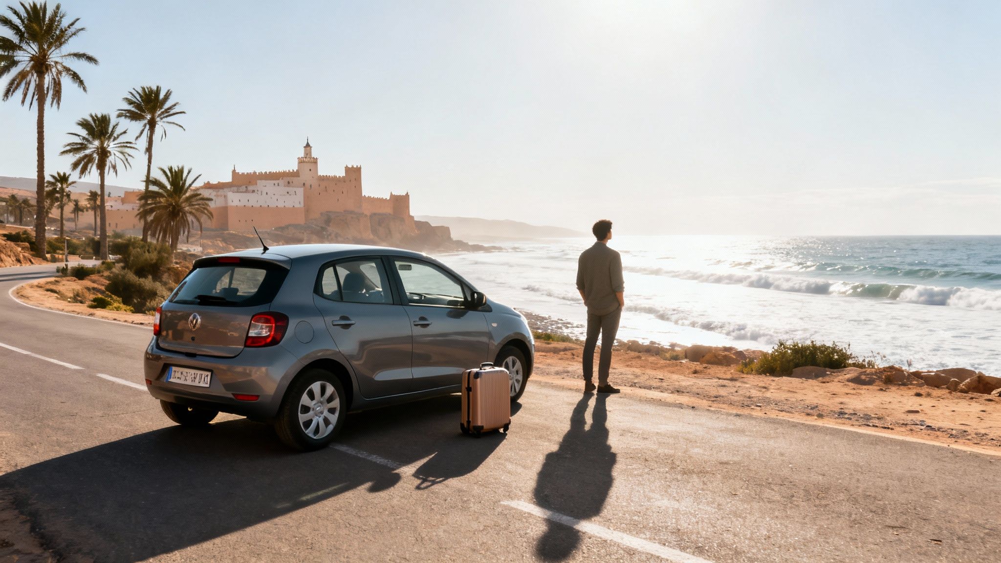 Un homme et une voiture grise garés sur une route côtière, admirant une vue sur l'océan, des palmiers et une ancienne forteresse.