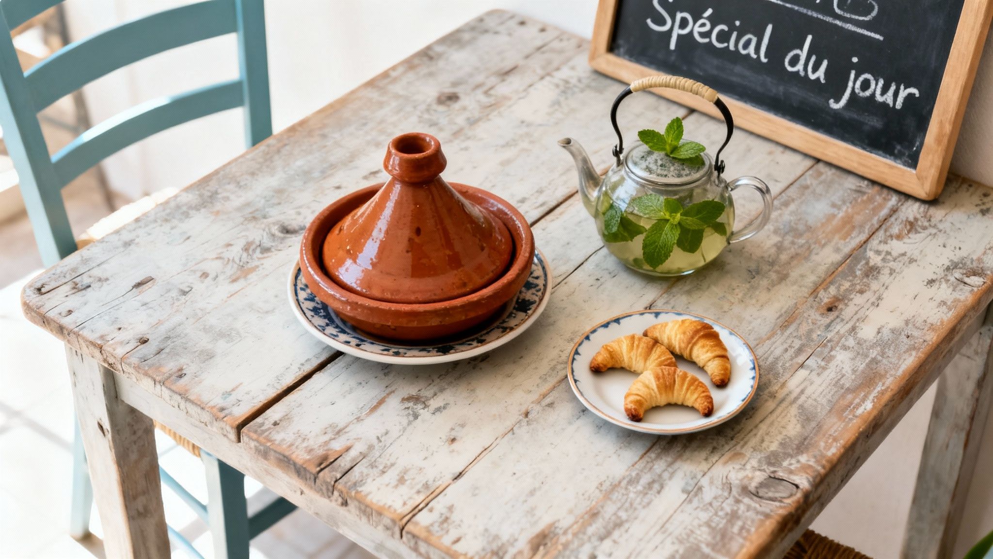 Table en bois rustique avec un tajine en terre cuite, thé à la menthe et croissants, sous un tableau noir.