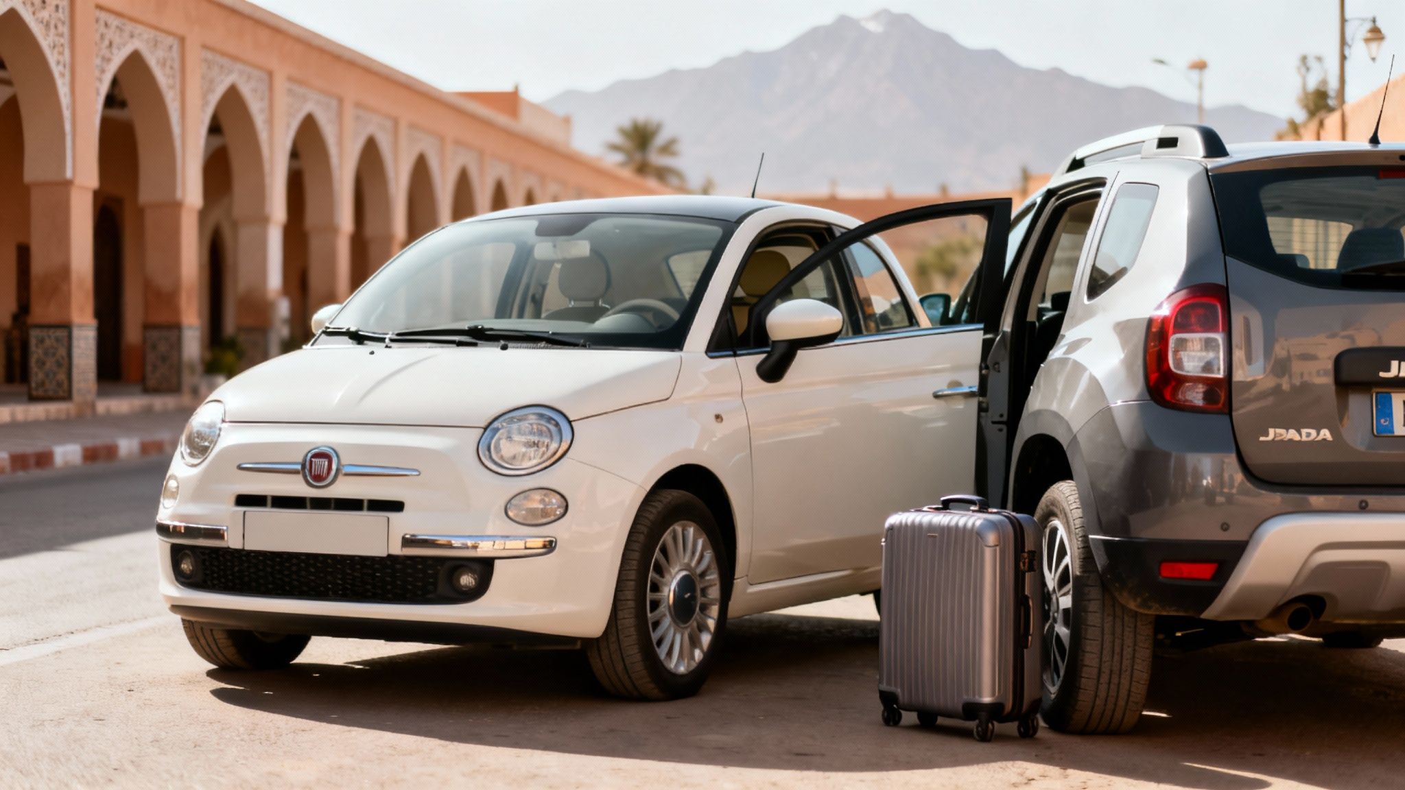 Une Fiat 500 blanche et un SUV gris avec une valise, garés devant un bâtiment à arcades et des montagnes.