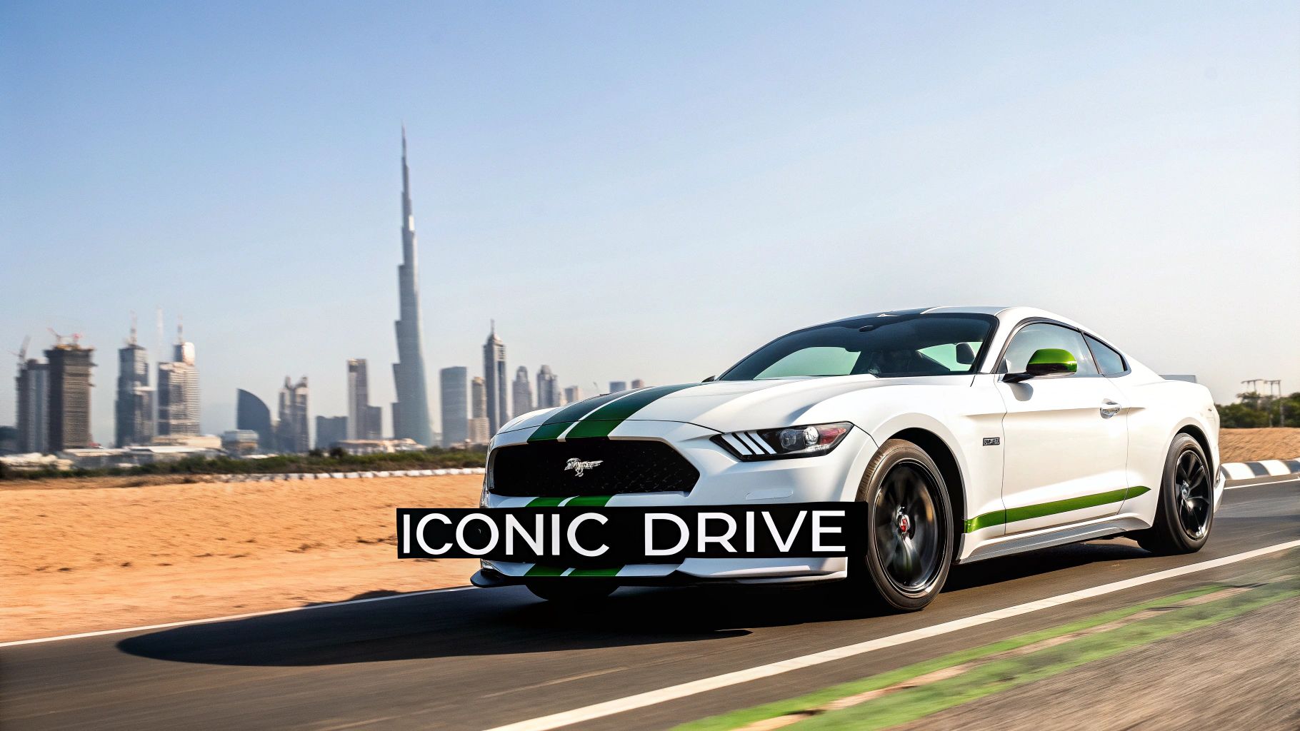 A Ford Mustang parked with the Dubai skyline in the background