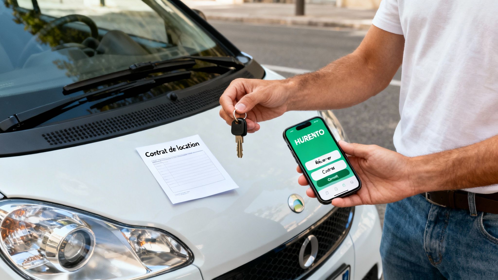 Un homme tenant les clés d'une voiture et un smartphone devant un contrat de location de voiture.