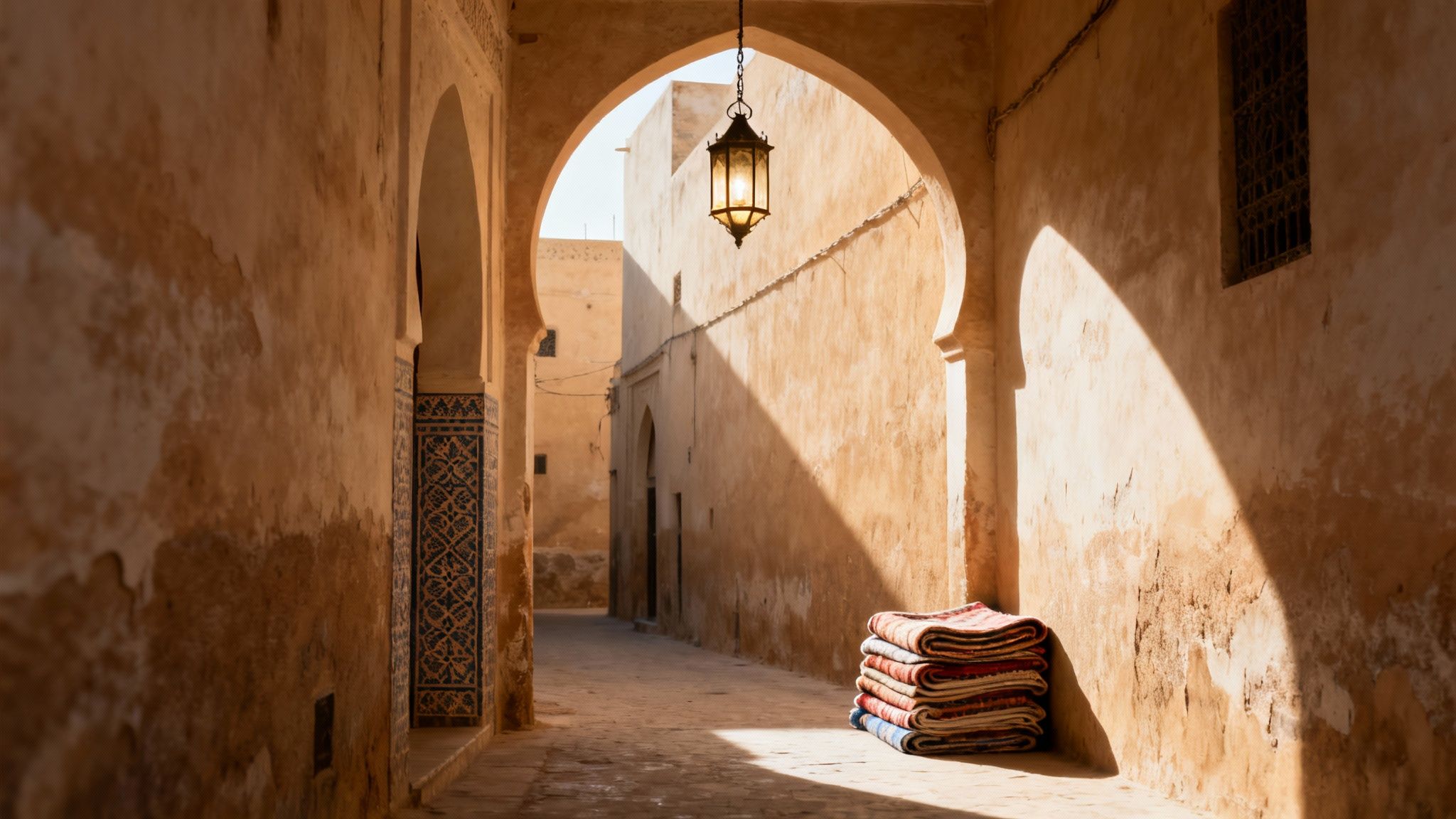 Une ruelle étroite et ensoleillée d'une médina marocaine, avec une lanterne suspendue et des tapis empilés.