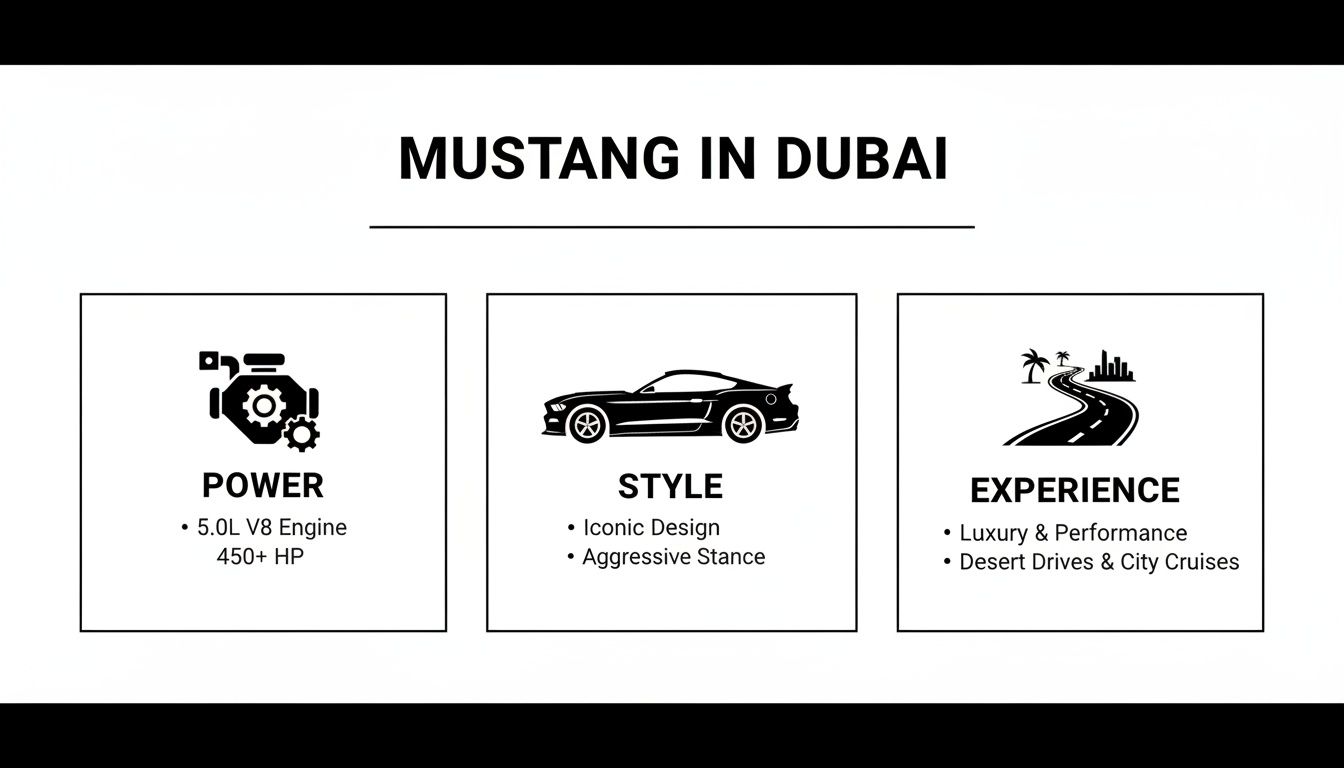 Infographic showcasing Mustang features in Dubai: power, style, and luxury driving experience.
