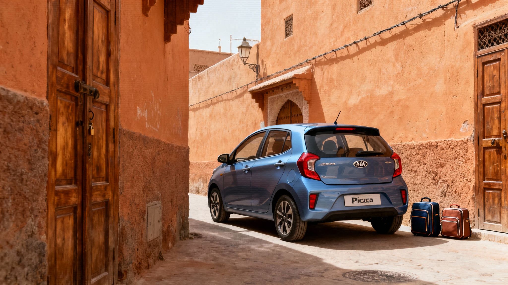 Une voiture berline blanche roulant sur une route de campagne au Maroc