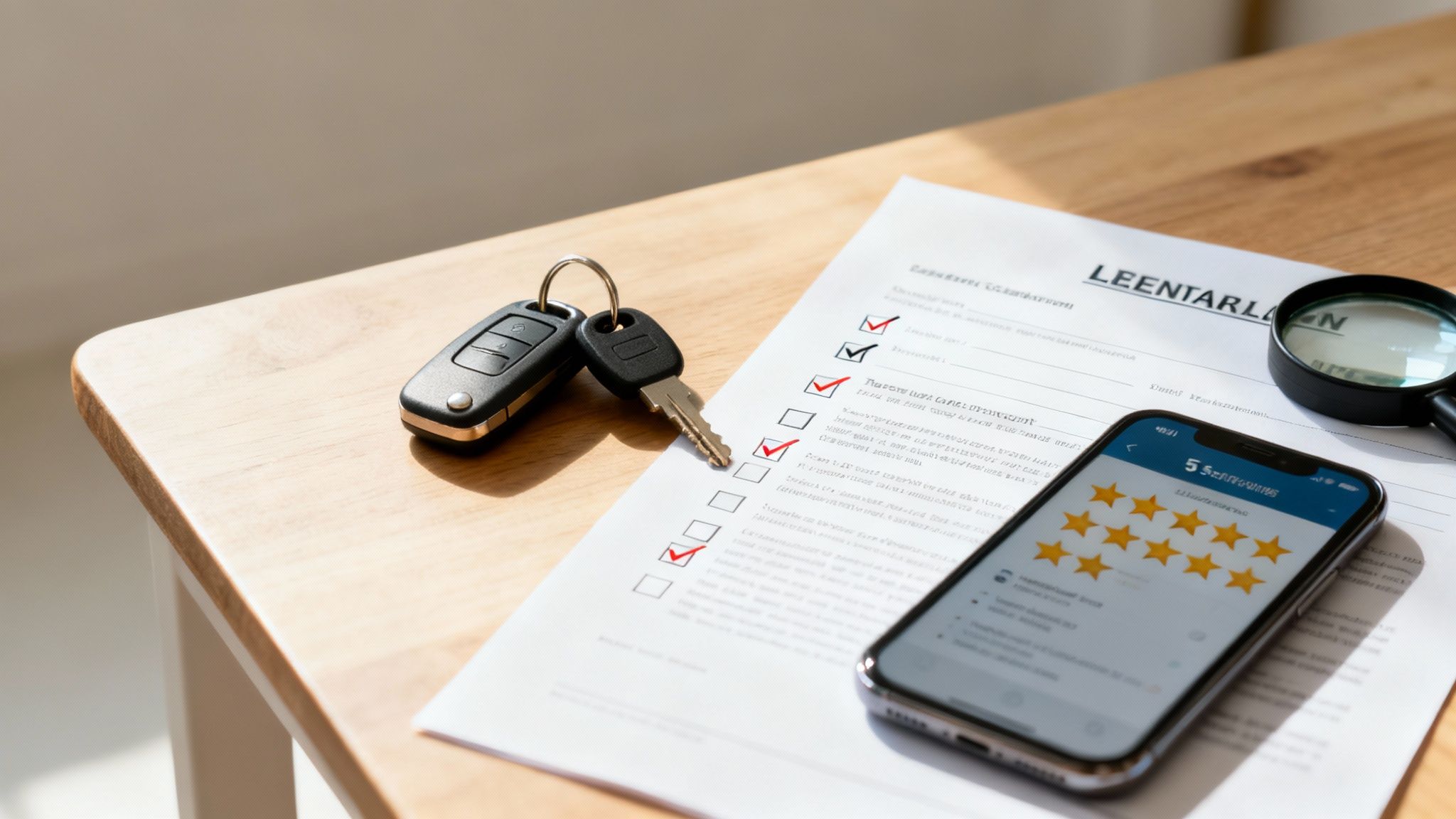 Un couple vérifiant une voiture de location avec un agent, examinant les pneus et l'extérieur du véhicule.