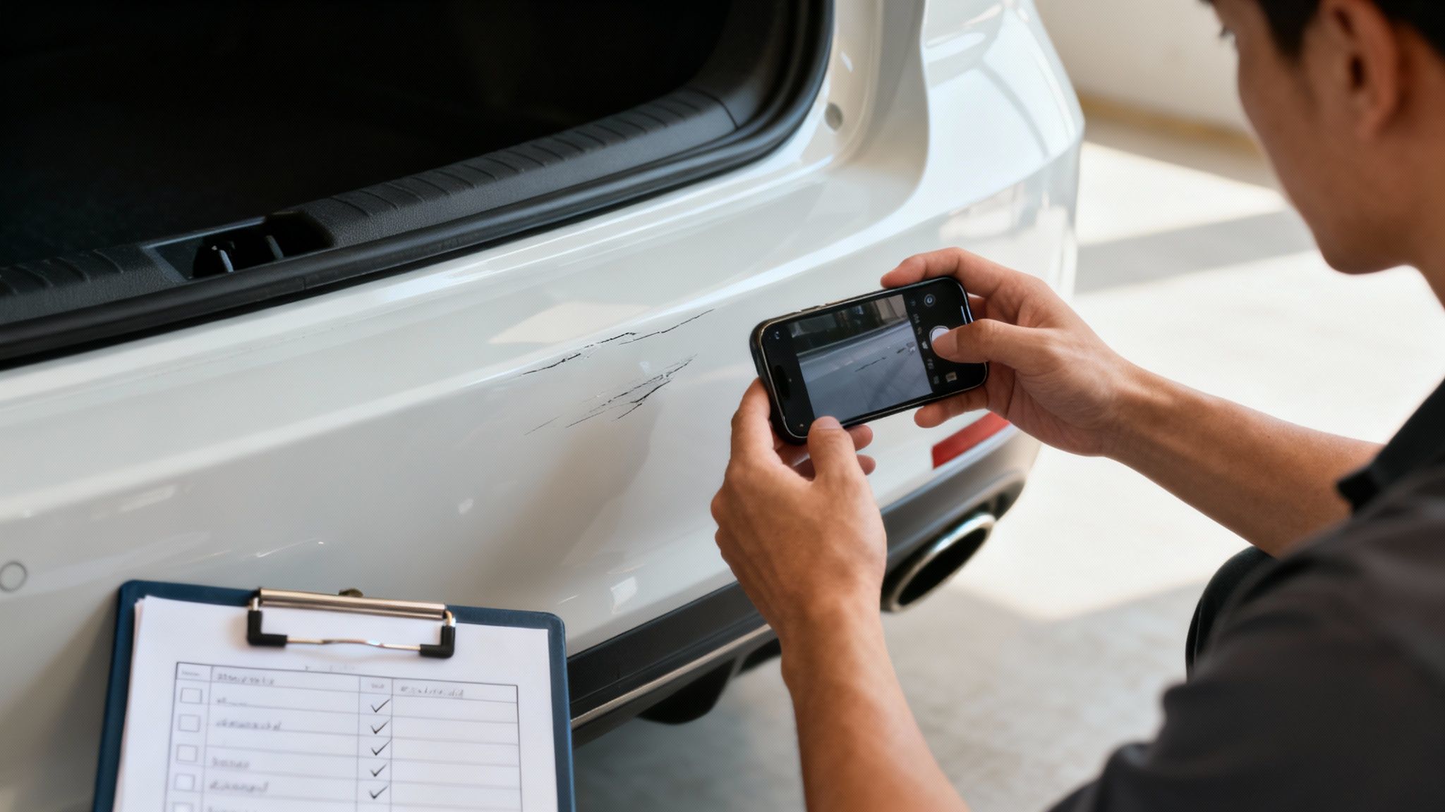 Une personne inspectant attentivement une voiture de location avant de prendre la route.