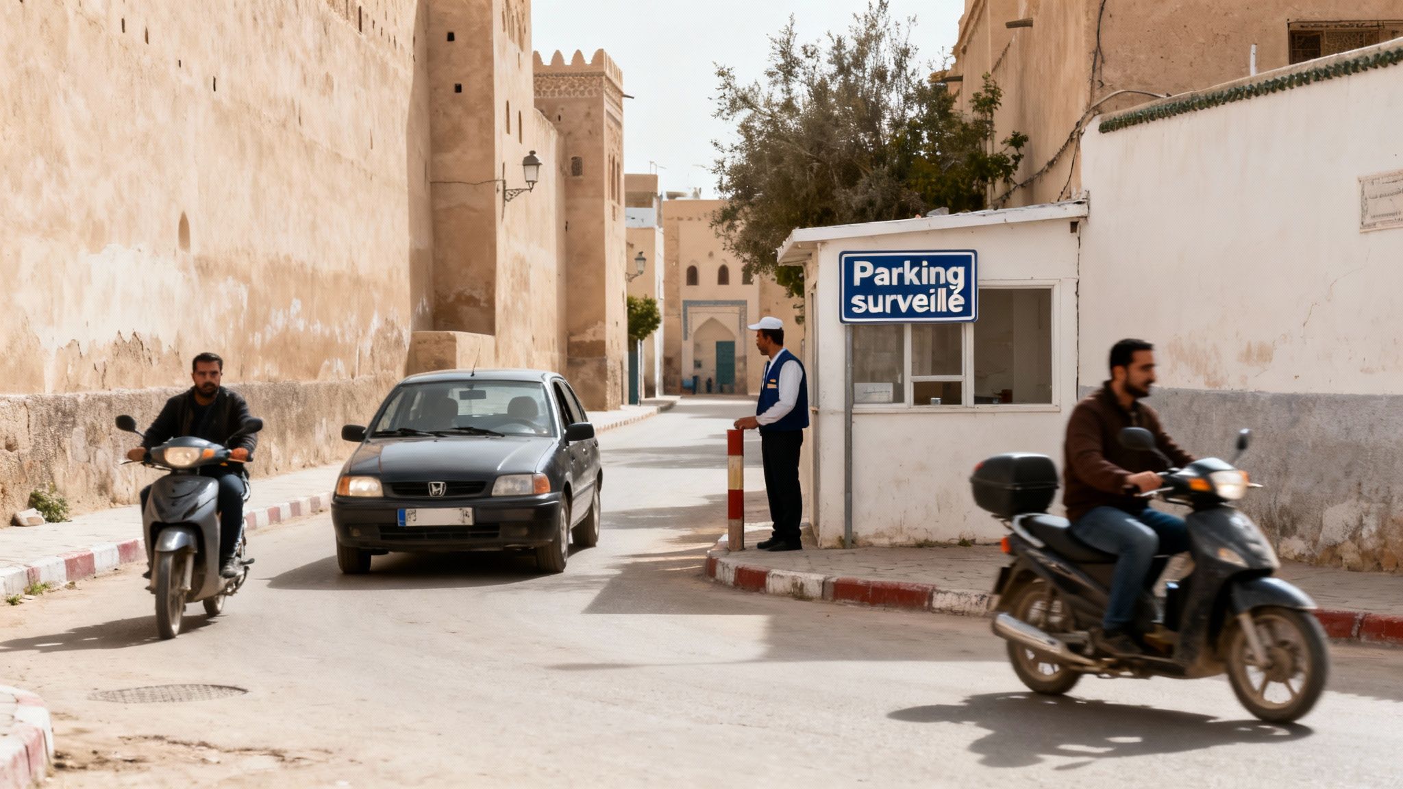 Scène de rue marocaine animée avec voiture, scooters et gardien de parking devant un mur ancien.