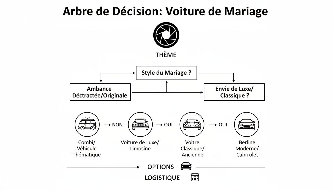 Arbre de décision pour choisir une voiture de mariage, guidant le choix entre thématique, luxe, classique ou moderne selon le style du mariage.