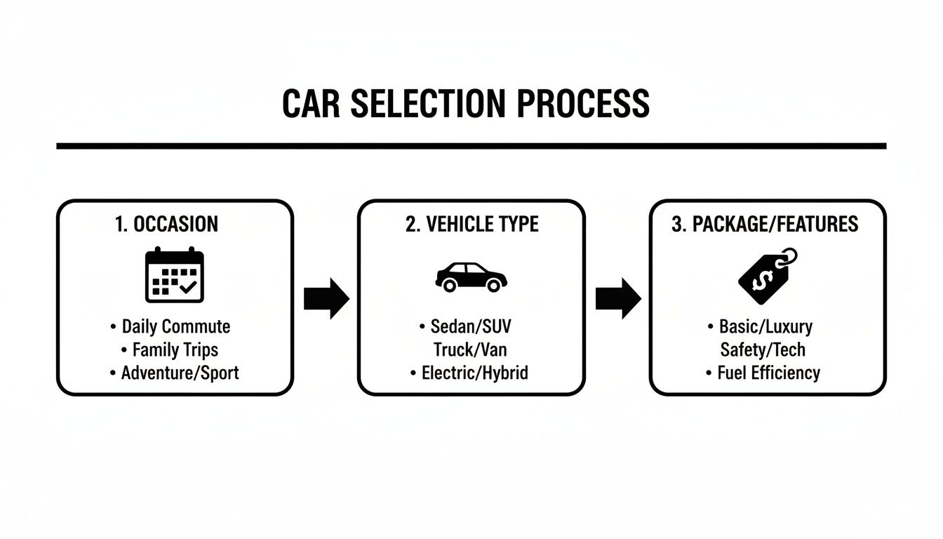 A flowchart illustrating the car selection process steps: occasion, vehicle type, and package/features.