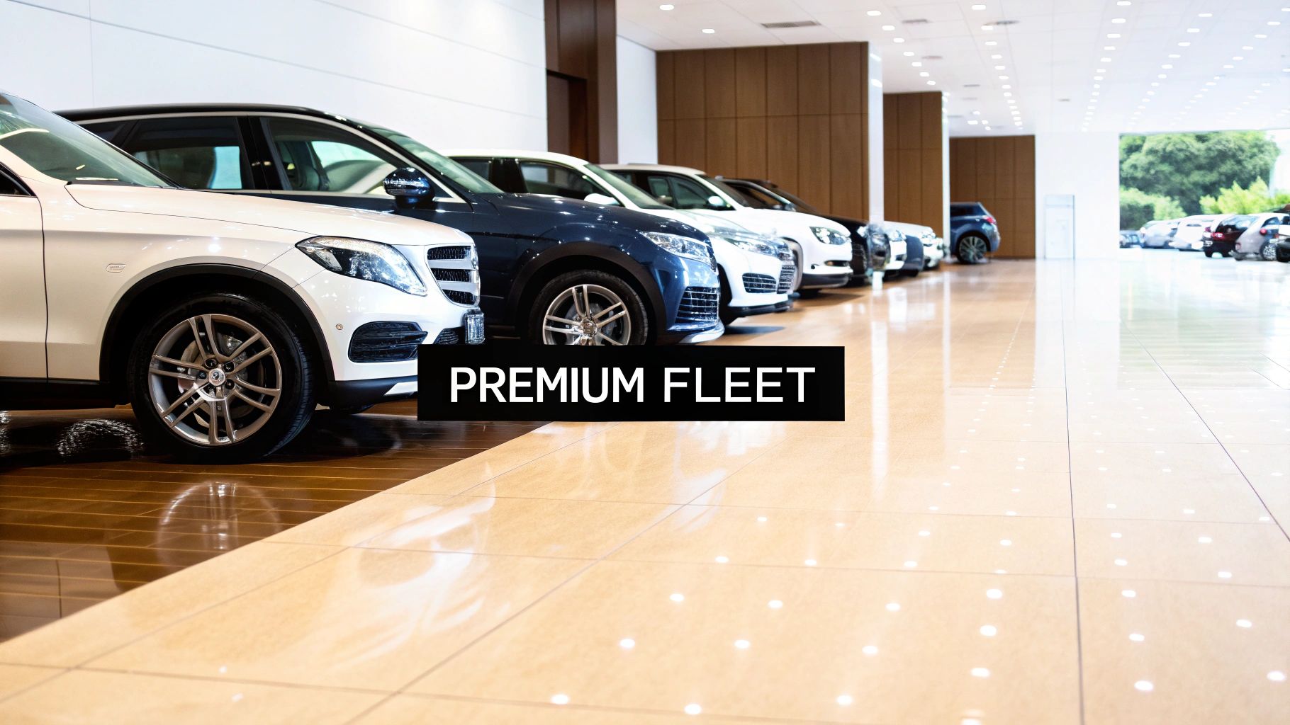 A lineup of white and blue premium cars displayed in a brightly lit car showroom, with 'PREMIUM FLEET' text.