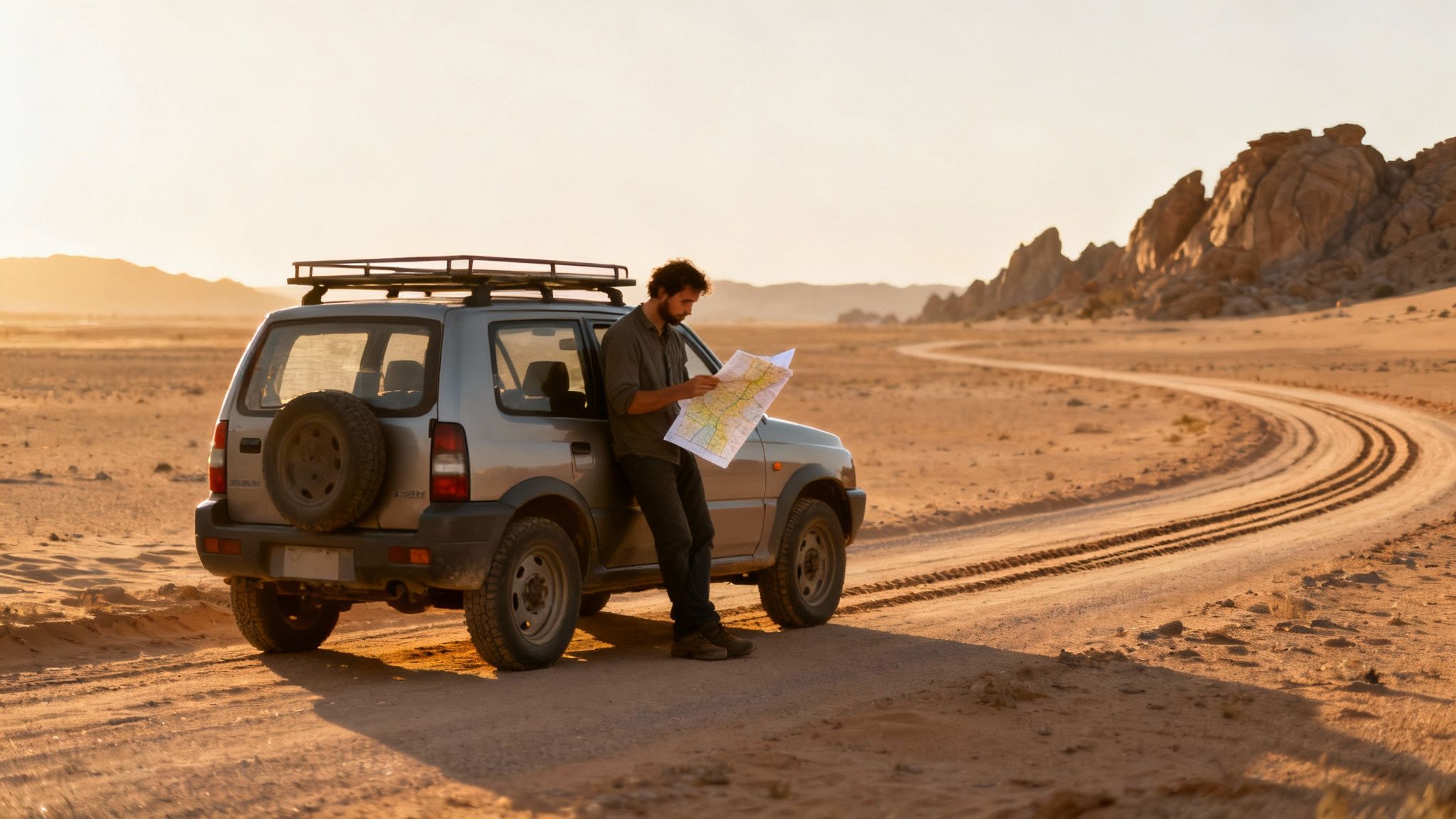 Voiture 4x4 roulant sur une piste de terre au Maroc