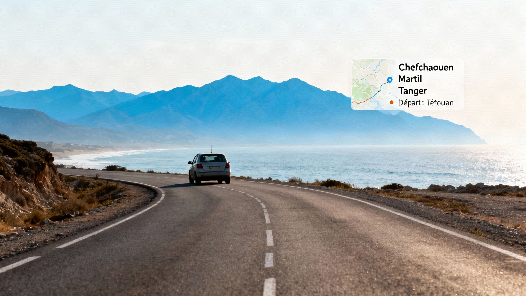 Image d'une voiture sur une route sinueuse en bord de mer, avec un panneau indiquant un itinéraire depuis Tétouan.
